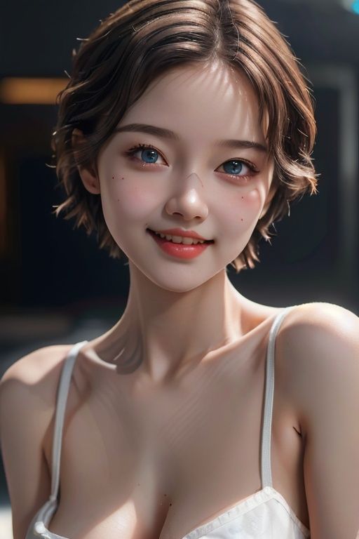 Masterpiece, Best quality, Original realism, Smile, Beautiful girl, Cute, Short hair, Big breasts, Depth of field, high resolution, Ultra detail, Very detailed eyes and face, Sharp pupils, Realistic pupils, Sharp focus, Movie lighting,1girl,MIX4,Virtual doll,girl