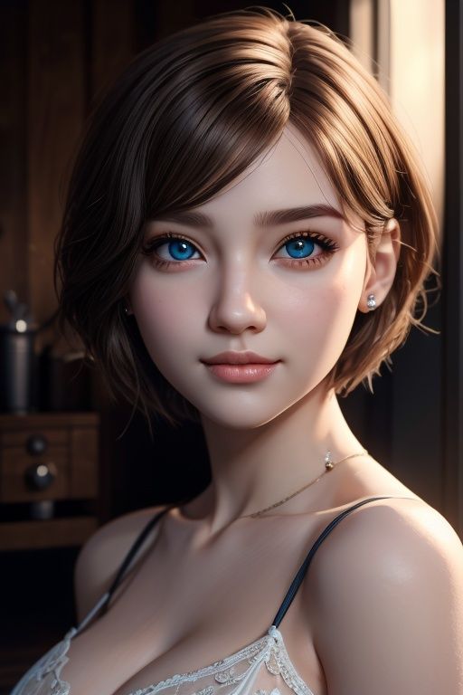 Masterpiece, Best quality, Original realism, Smile, Beautiful girl, Cute, Short hair, Big breasts, Depth of field, high resolution, Ultra detail, Very detailed eyes and face, Sharp pupils, Realistic pupils, Sharp focus, Movie lighting,1girl,MIX4,Virtual doll