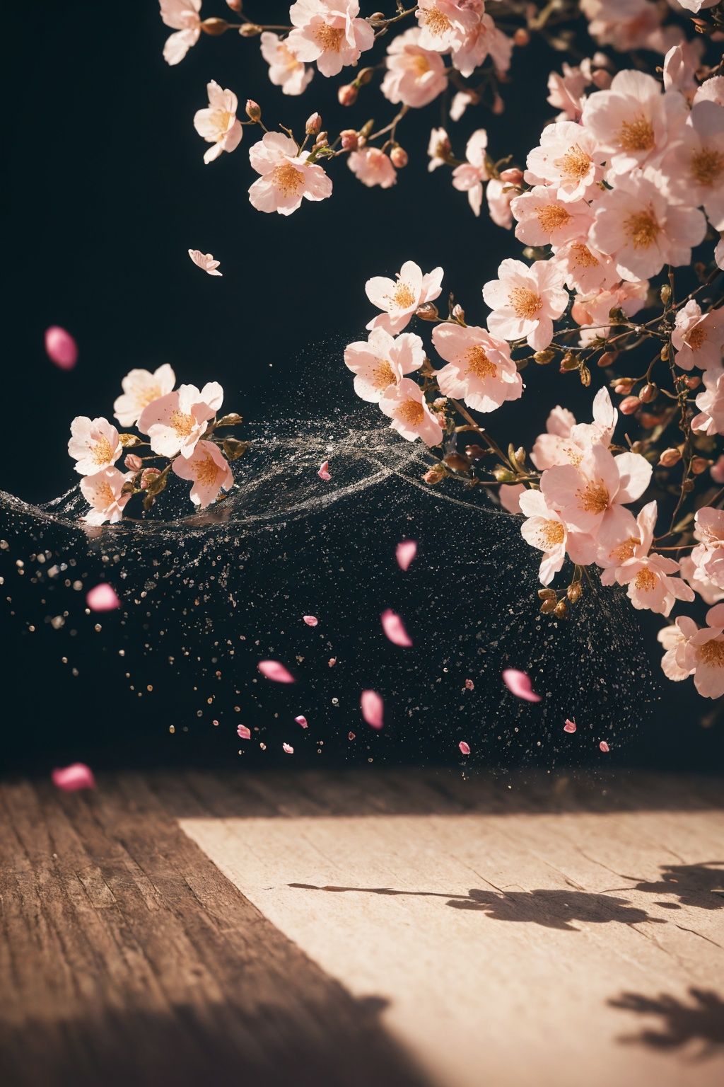 Exquisite wallpaper, 32K resolution, masterpiece, high quality, high detail, V-Ray camera, flying petals, sparkling particles, trembling splashes of details, high saturation, high contrast.