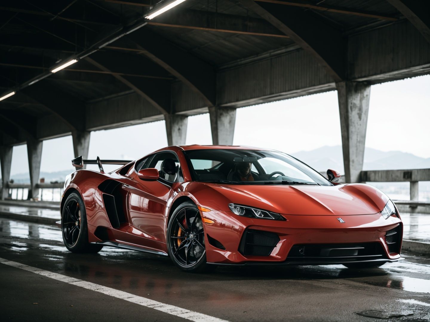 photo of super car, natural lighting, 8k uhd, high quality, film grain, Fujifilm XT3, cinematic lighting, red and black tone  impression,