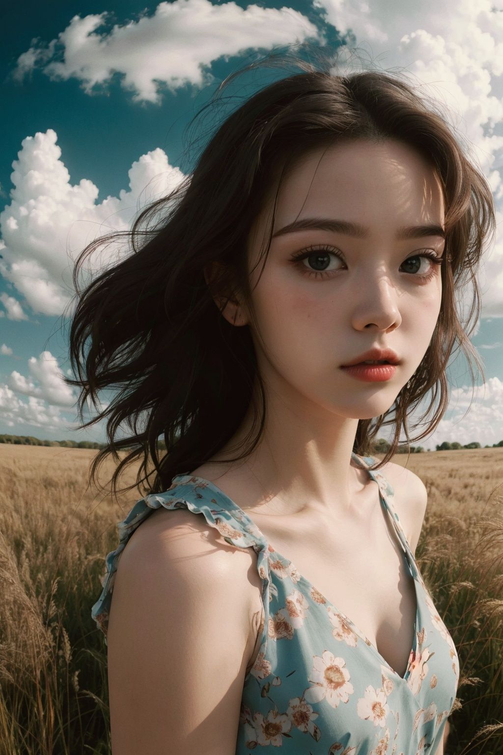 (masterpiece,best quality),HDR,high-definition,[[[Intricate Details]]],cinematic,photorealistic,1girl, (nsfw:0.7), flowy dress, illustration, fisheye lens, high contrast, sharp focus, digital painting, beautiful clouds, flowing hair, high grass, high angle, very deep eyes, cute face