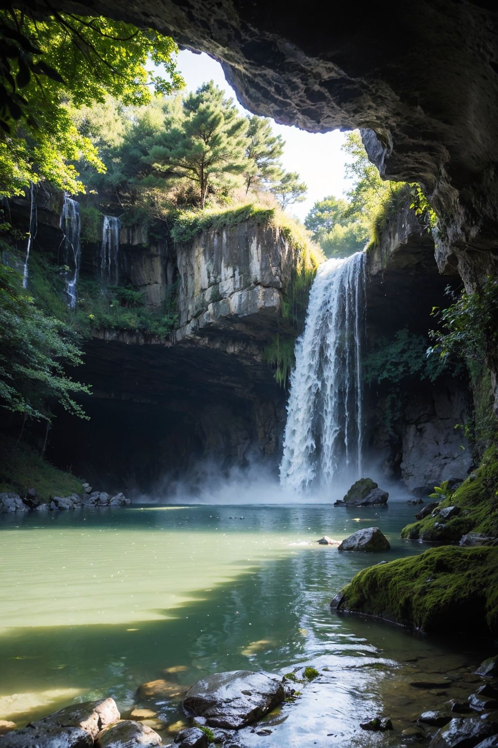 Chinese ancient times, spring, jungle, lake, cave, waterfall, tree, meadow, rock, deer, hot spring, water vapor, (illustration: 1.0), epic composition, realistic lighting, HD details, masterpiece, best quality, (very detailed CG unified 8k wallpaper)