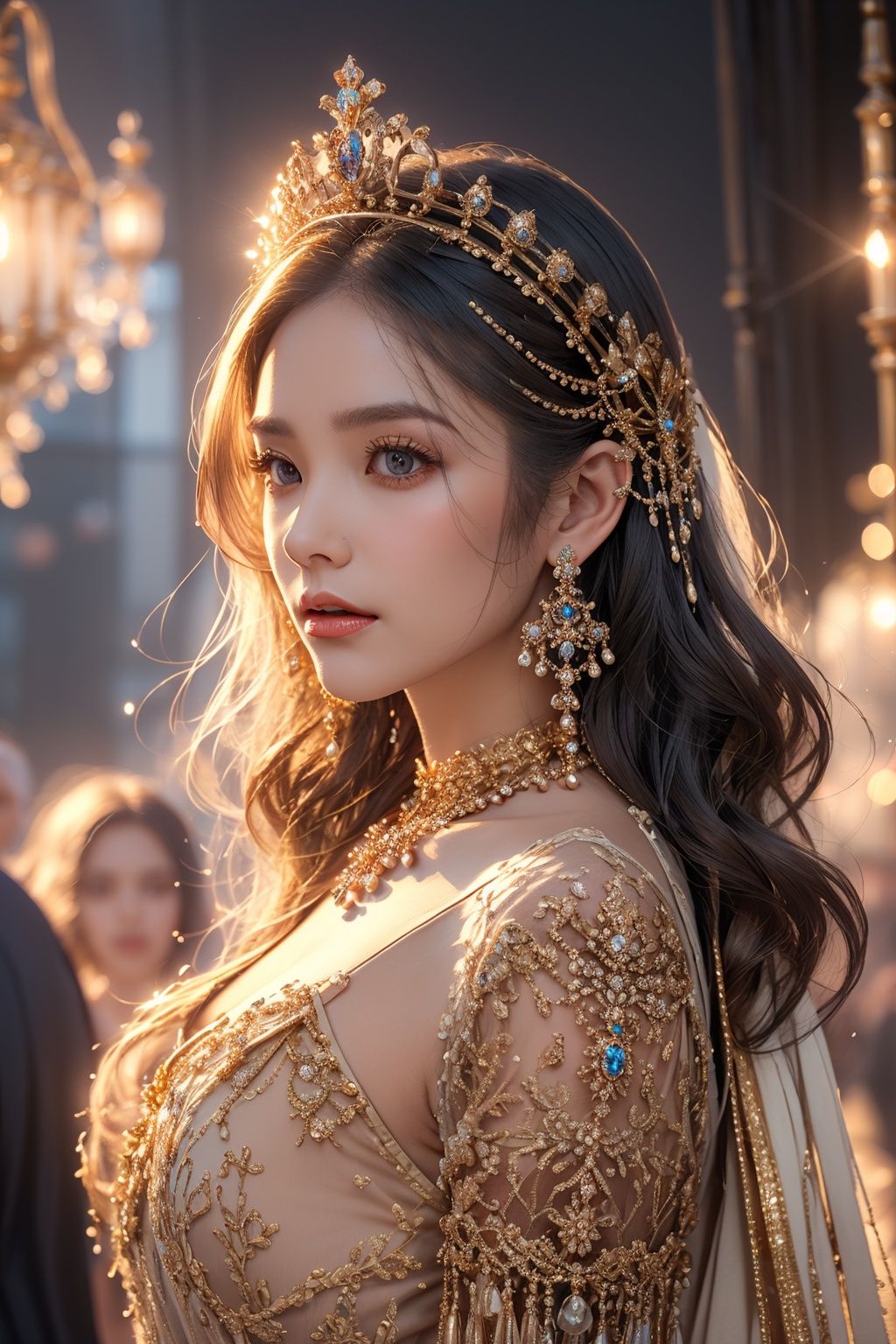 (((jellyfishforest))),queen,crown,forest,best quality, masterpiece, photorealistic:1, 1girl,  dramatic lighting, from below,GdClth,gold-hair princece, ((((gorgeous)))) royal dress,  ((((gorgeous)))) gold tiara, ((((gorgeous)))) gold necklace, ((((gorgeous)))) gold accessories, light on body,Blurred background,Extraordinary details,look back,the whole body,hand101,blue_IDphoto