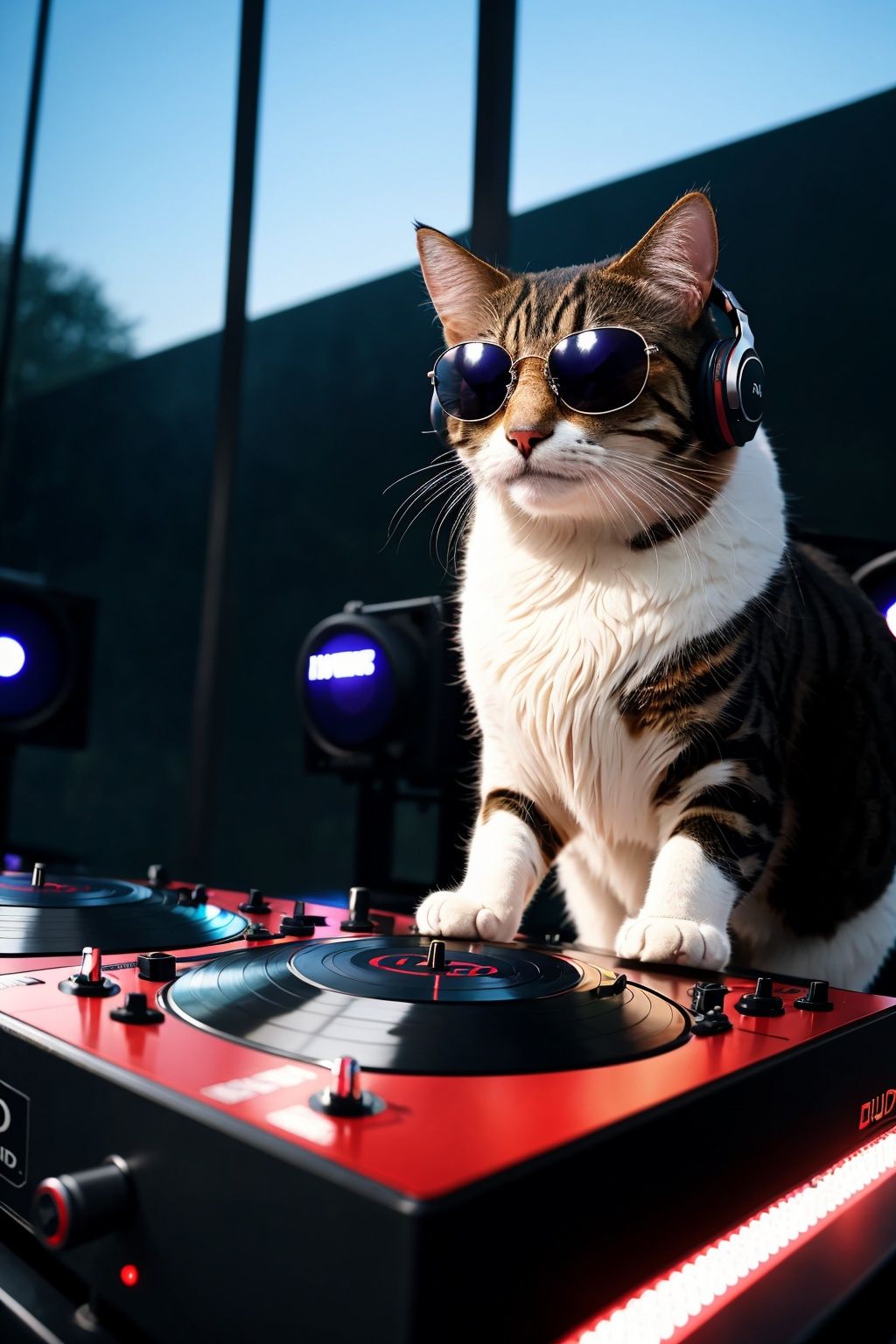 8k uhd rtx on cinematic artistic photoreal masterpiece best quality high resolution, A Cat DJ, wearing sunglasses and headphones, working the turntables as a DJ,