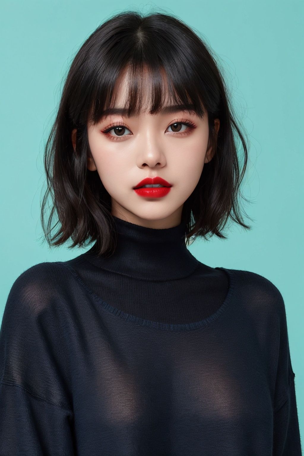 1girl, solo, black hair, looking at viewer, short hair, parted lips, red lips, upper body, blue background, black eyes, lips, shirt, teeth, sweater, turtleneck, bangs, simple background, black shirt, makeup, lipstick, UHD, anatomically correct, ccurate, textured skin, 16k