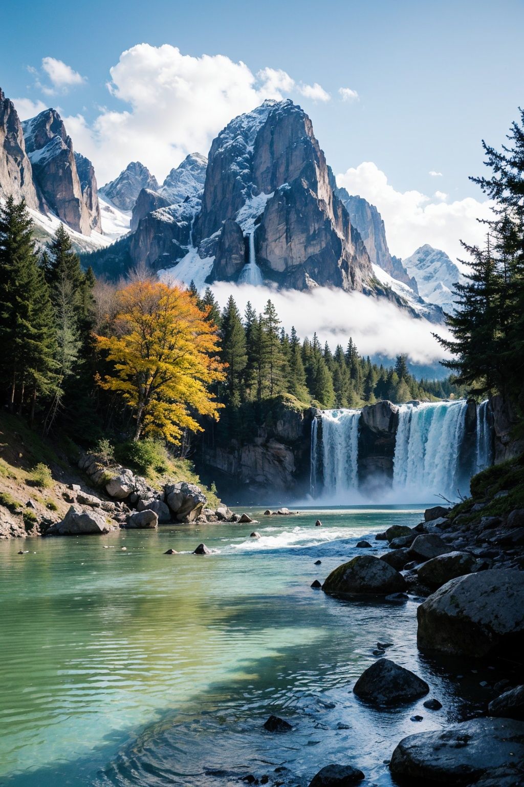 masterpiece, best quality, high quality, extremely detailed CG unity 8k wallpaper, scenery, outdoors,flower, cloud, day, no humans, mountain, landscape, water, tree, snowing, waterfall, cliff, nature, lake, river, snowflakes,award winning photography, Bokeh, Depth of Field, HDR, bloom, Chromatic Aberration ,Photorealistic,extremely detailed, trending on artstation, trending on CGsociety, Intricate, High Detail, dramatic, art by midjourney