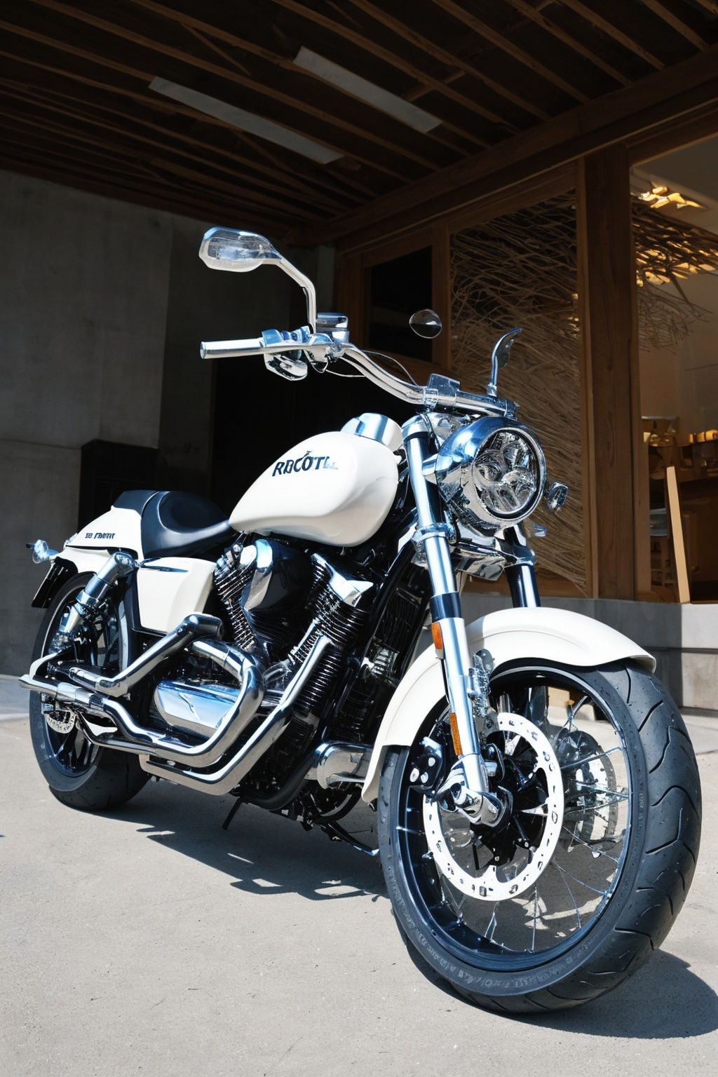 Lucid pearl white motorbike, roots, wooden parts, carbonfiber wicker bones, stealth robocop, translucent, crystal
