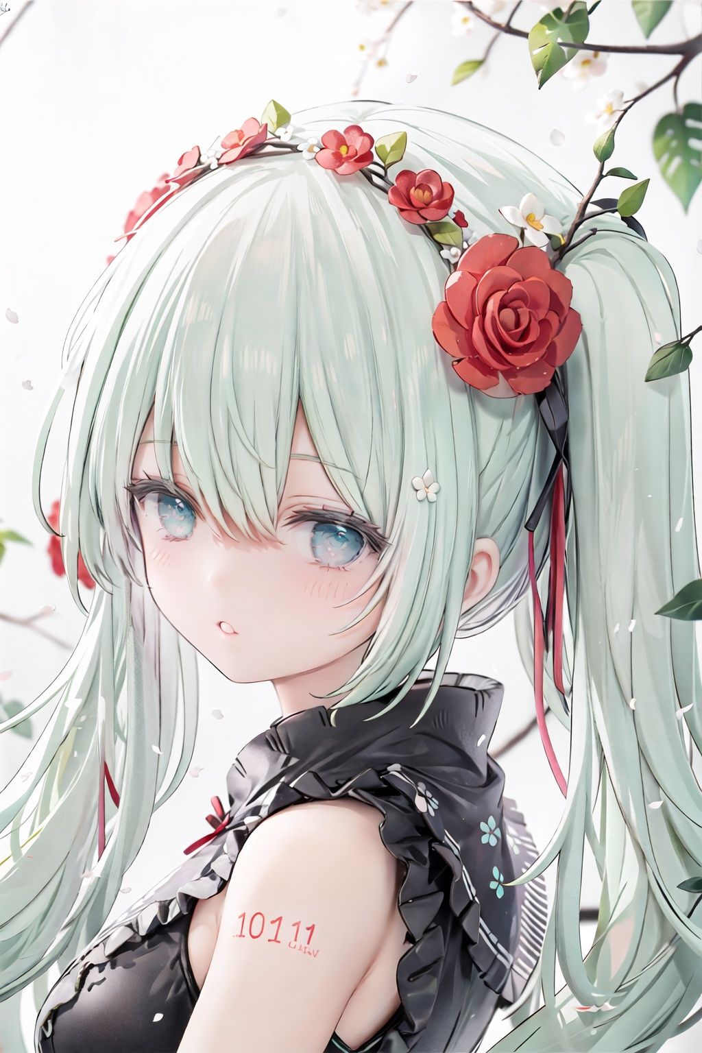 kahuka1, 1girl, solo, flower, long hair, red flower, looking at viewer, hair flower, hatsune miku, hair ornament, branch, blurry, upper body, hair between eyes, leaf, aqua hair, rose, aqua eyes, bangs, head wreath