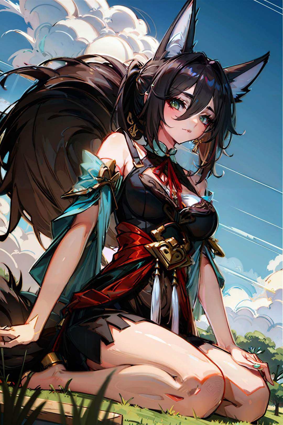 <lora:bengtie_tingyun_v1.0>,tingyun\(character\),on the grass,(park:1.5),top light,blue sky,white clouds,kneel on the ground,fullbody,extremely detailed CG unity 8k wallpaper,fox ears,best quality,masterpiece,illustration,extremely detailed,CG,unity,8k wallpaper,Amazing,finely detail,masterpiece,best quality,official art,absurdres,incredibly absurdres,ultra-detailed,highres,(pureerosface_v1:0.5),(ulzzang-6500-v1.1:0.5),