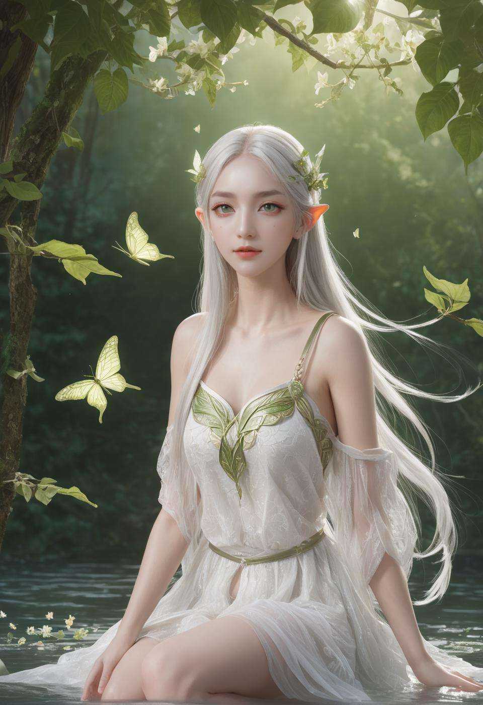 (((masterpiece))), (((best quality))), ((ultra-detailed)), (illustration), ((an extremely delicate and beautiful)),dynamic angle,floating, (beautiful detailed eyes), (detailed light) 1girl, pointy ears, long hair, water, solo, elf, sitting,half body, white hair, chain, green eyes, toeless legwear, barefoot, jewelry, looking at viewer,feather, leaves, nature, (sunlight), river, (forest),(painting),(sketch),(bloom),(portrait:1.2),(butterflys:1.2), (tyndall effect),