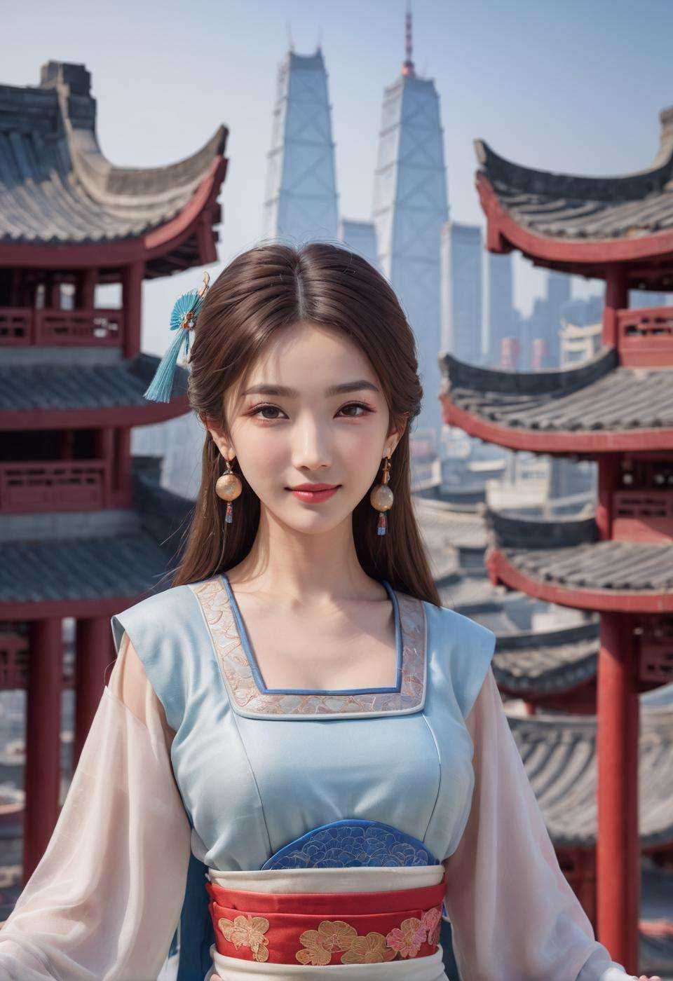 best quality, masterpiece, highres, 1girl,china dress,Beautiful face,hair ornament, solo,looking at viewer,smile,closed mouth,lips,china dress,dress,hair ornament, necklace, jewelry, long hair, earrings, chinese clothes,architecture,east asian architecture,building,outdoors,rooftop,city,cityscape