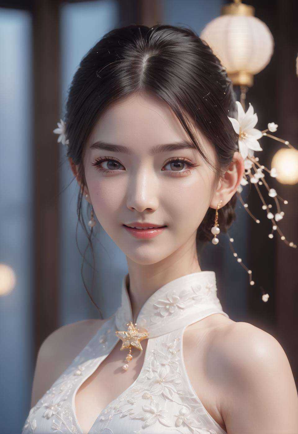 best quality,masterpiece,highres,cg, 1girl,(seductive smile:0.8),long hair,star-shaped pupils,cheongsam,dress,water,solo,jewelry,white dress,earrings,hair ornament,splashing,upper body,hair bun,black hair, lighting,candid,Photograph,high resolution,4k,8k,Bokeh,