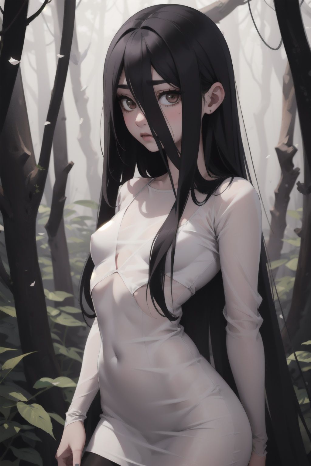 Highres, best quality, extremely detailed, area lighting in background, HD, 8k, 1girl, loli, cute, goth, pervert, sfw, small breasts, Sadako, see through clothes, ((braless))white dress, dark forest, haunted
