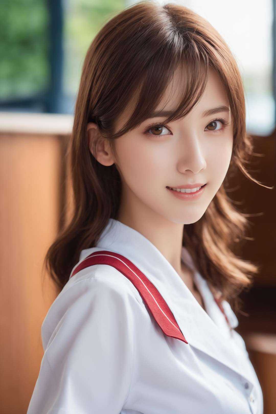 High detail RAW color sensual photo of 18 yeays old girl japan student uniform with perfect face and perfect bright eyes, pale skin and freckles,  perfect face,  (detailed facial features),(((Japanese high-school uniform ))), brown eyes, blush, brown hair,  long hair, looking at viewer, medium breasts,  school background, smile, solo, tongue, tongue out, underboob,  incredibly absurdres, best quality,<lora:PrgXL_V1:0.45>