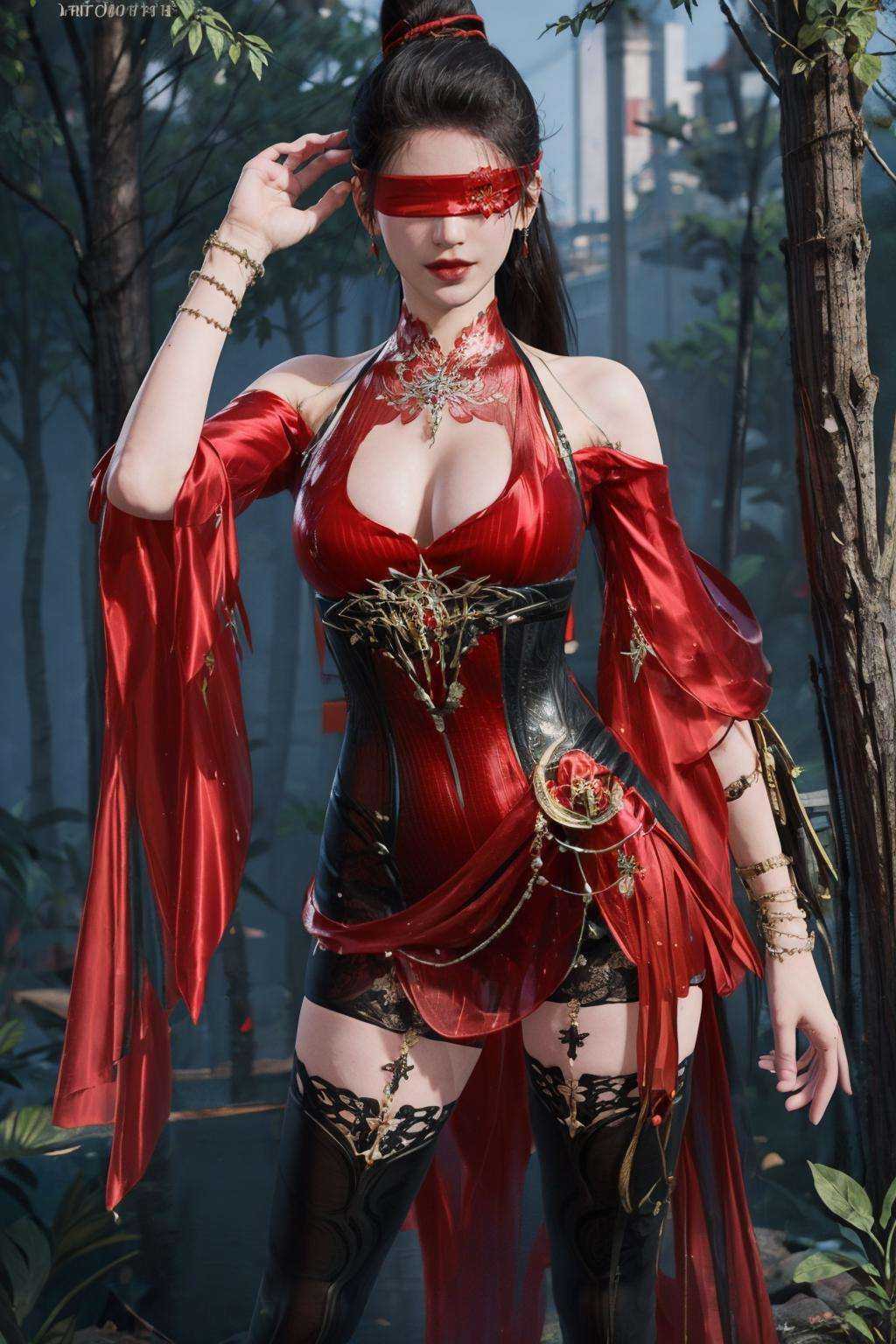 ((mysticalforest):1.5),(skyline:1.2),(lens flare:1.2),(masterpiece:1.5),(best quality:1.4),(photorealistic:1.4),(ultra detailed:1.3),(solo:1.2),(day:1.4),(full body:1.2),(blindfold:1.4),(looking at viewer:1.3),(hair over one eye:1.3),ponytail,(large breasts:1.3),(solo:1.4),(light:1.3),earrings,breast curtain,lips,tassel,jewelry,breasts,filmg,unity 8k wallpaper,1girl,blue dress,hair ornament,<lora:FilmG3:0.3>,<lora:ChineseDollLikenessV3.0:0.2>,<lora:GirlfriendMix_v1_v20:0.3>,hair ornament,long hair,<lora:调细节添加-2~2 add_detail:0.6>,hongchuanxianzi,<lora:jialuoyewen_20230719133441:0.8>,tattoo,red dress,