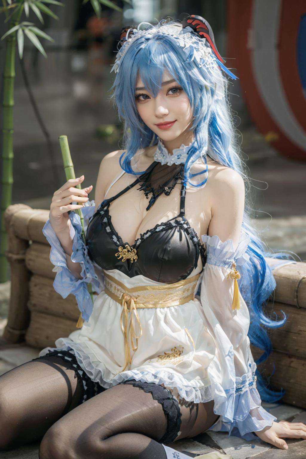 {{masterpiece, best quality, extremely detailed CG, unity 8k wallpaper, cinematic lighting, lens flare}},blue hair,(goat horns:1.2),ganyu french maid,Blue and white cheongsam,qipaoganyu,hair between eyes,pantyhose,(looking at viewer:1.2),blue eyes,black dress,wide view,full body,sitting,cosplay,ganyu \(genshin impact\),thick body,ganyu,chinese clothes,long blond hair,green eyes,(bamboo forest:1.3),stone path,smile,onsen,<lora:qipaoganyu_20230728184108:0.8>,