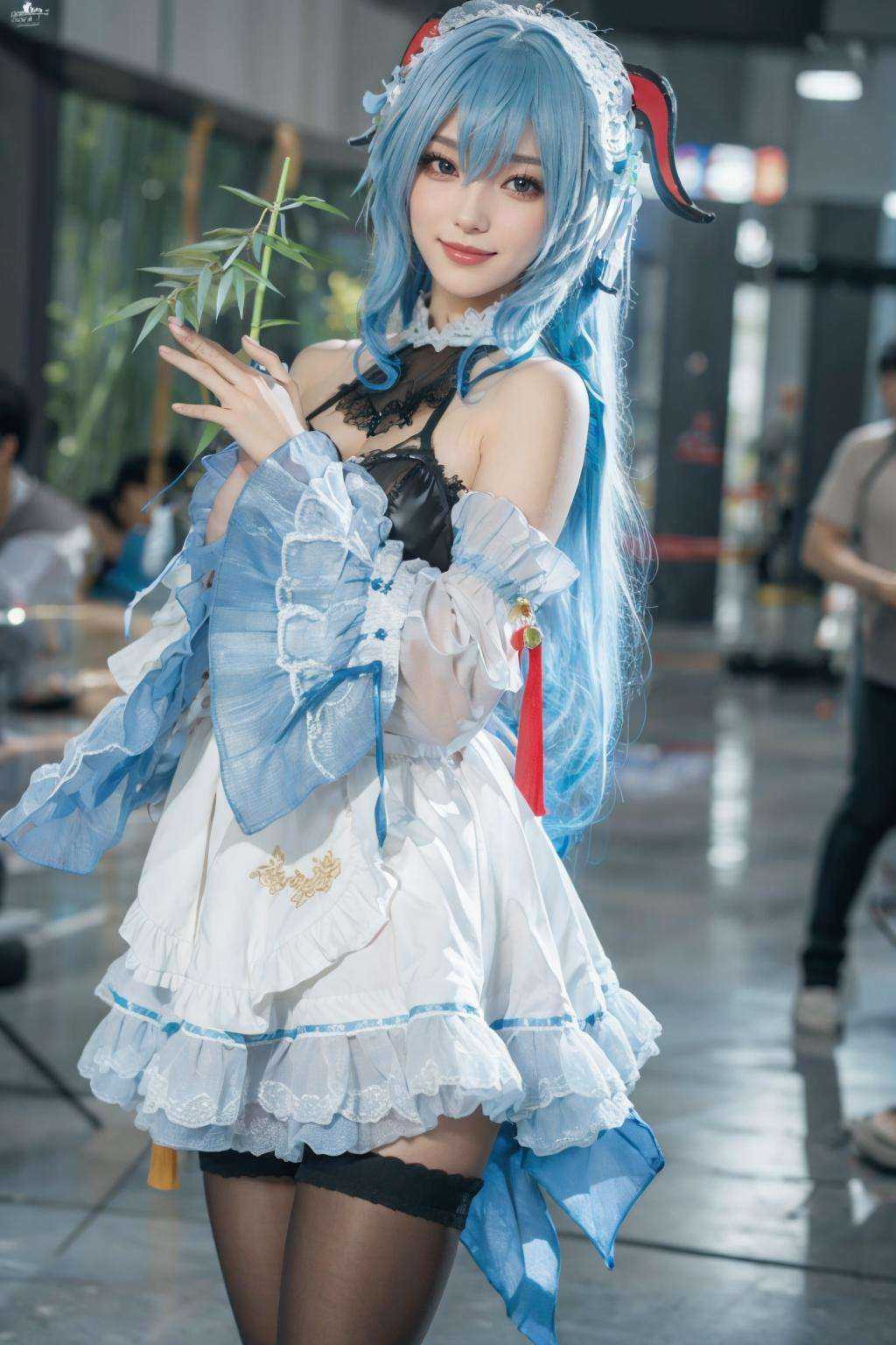 {{masterpiece, best quality, extremely detailed CG, unity 8k wallpaper, cinematic lighting, lens flare}},blue hair,(goat horns:1.2),ganyu french maid,Blue and white cheongsam,qipaoganyu,hair between eyes,pantyhose,(looking at viewer:1.2),blue eyes,black dress,wide view,full body,sitting,cosplay,ganyu \(genshin impact\),thick body,ganyu,chinese clothes,long blond hair,green eyes,(bamboo forest:1.3),stone path,smile,onsen,<lora:qipaoganyu_20230728184108:0.8>,
