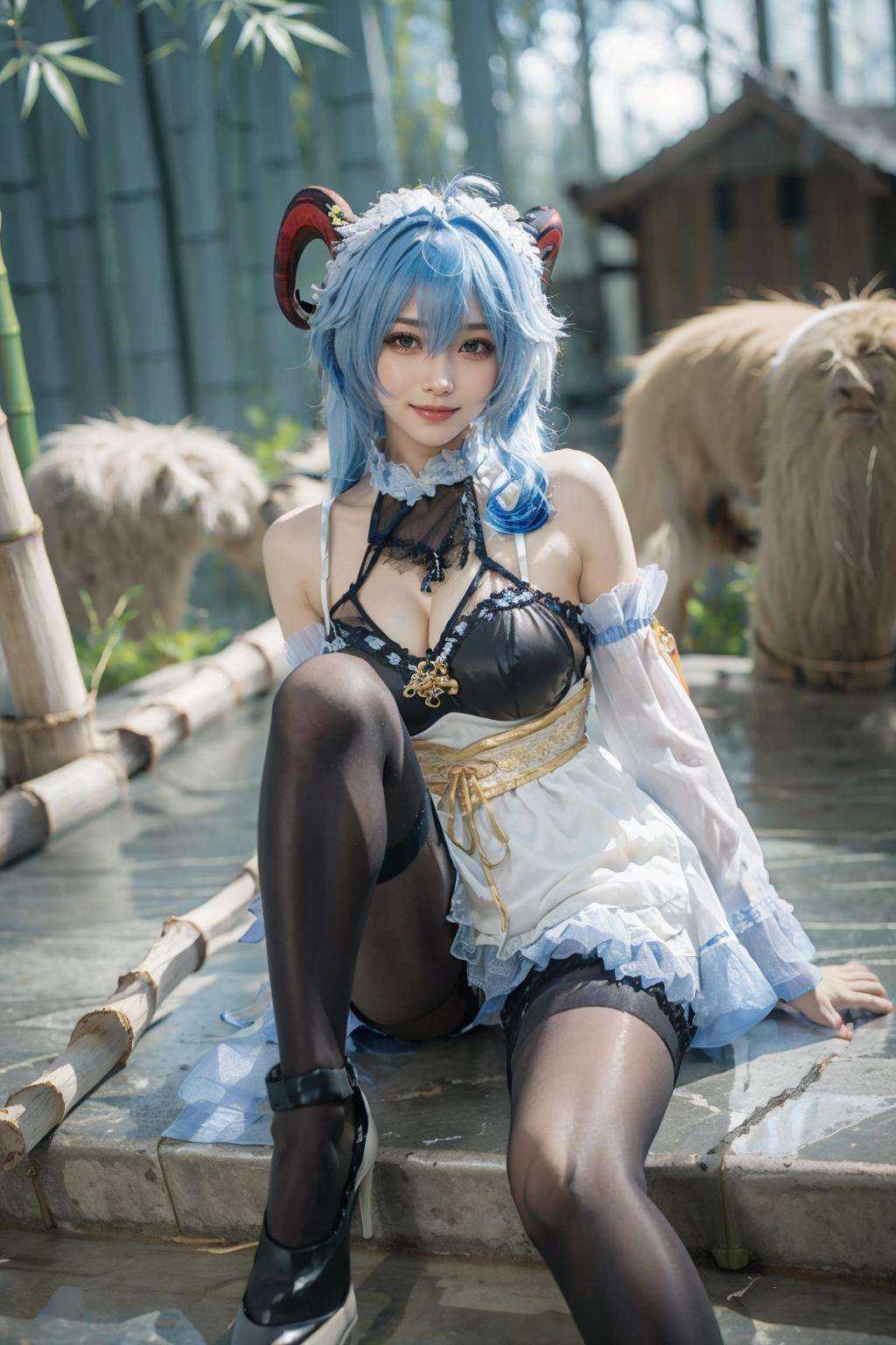 {{masterpiece, best quality, extremely detailed CG, unity 8k wallpaper, cinematic lighting, lens flare}},blue hair,(goat horns:1.2),ganyu french maid,Blue and white cheongsam,qipaoganyu,hair between eyes,pantyhose,(looking at viewer:1.2),blue eyes,black dress,wide view,full body,sitting,cosplay,ganyu \(genshin impact\),thick body,ganyu,chinese clothes,long blond hair,green eyes,(bamboo forest:1.3),stone path,smile,onsen,<lora:qipaoganyu_20230728184108:0.8>,