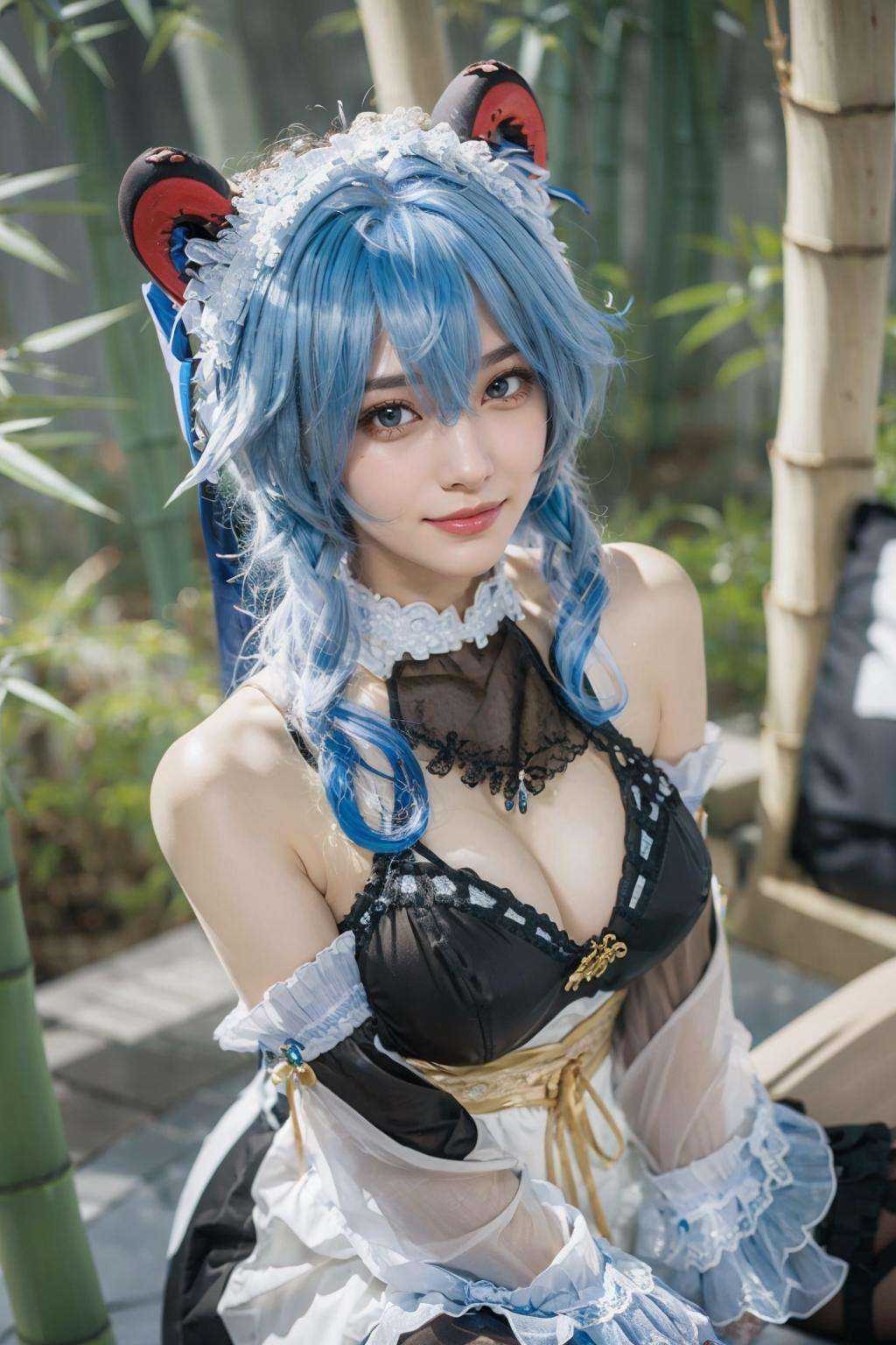 {{masterpiece, best quality, extremely detailed CG, unity 8k wallpaper, cinematic lighting, lens flare}},blue hair,(goat horns:1.2),ganyu french maid,Blue and white cheongsam,qipaoganyu,hair between eyes,pantyhose,(looking at viewer:1.2),blue eyes,black dress,wide view,full body,sitting,cosplay,ganyu \(genshin impact\),thick body,ganyu,chinese clothes,long blond hair,green eyes,(bamboo forest:1.3),stone path,smile,onsen,<lora:qipaoganyu_20230728184108:0.8>,
