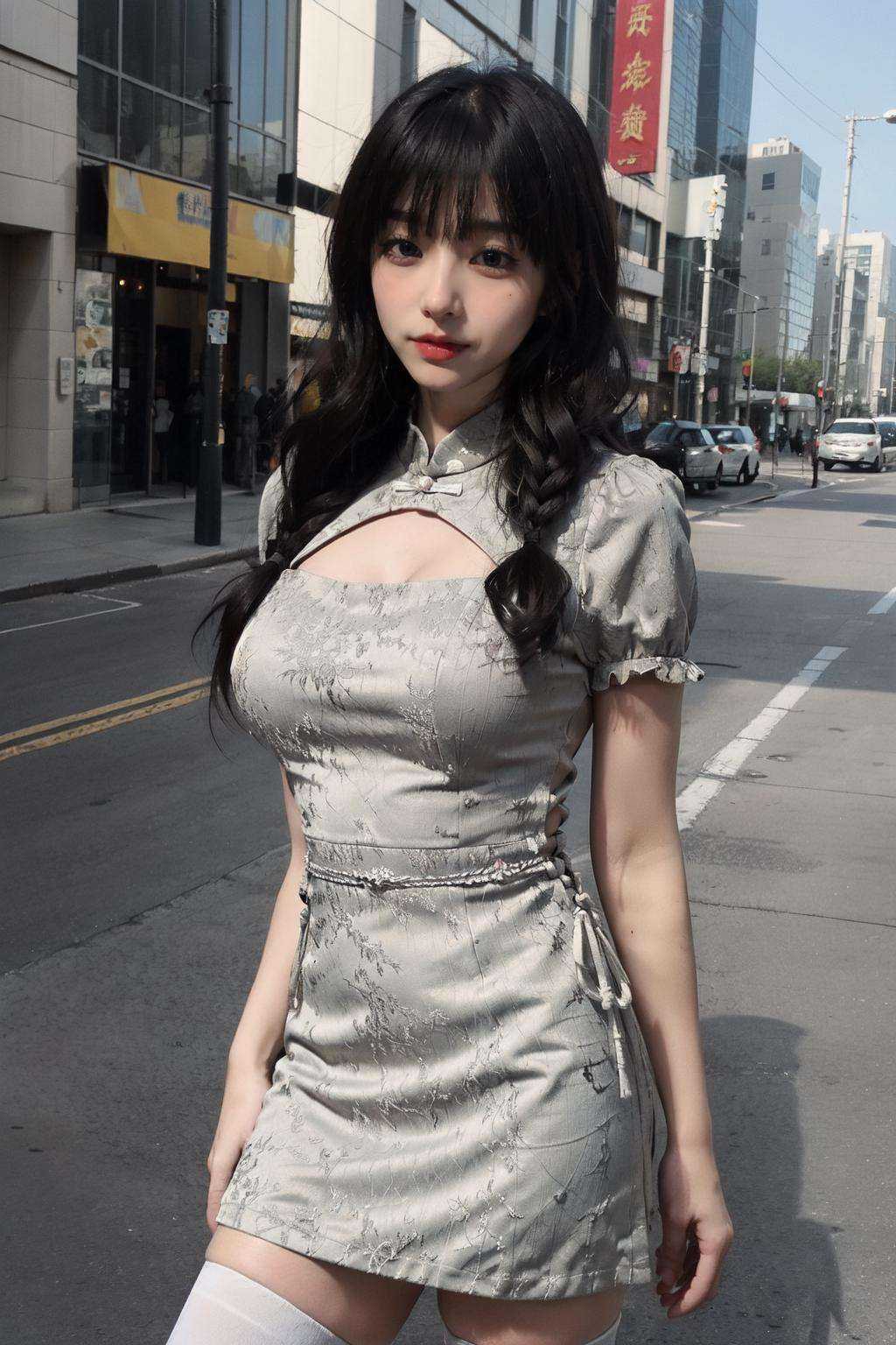 masterpiece,best quality,(photorealistic:1.4),(ultra detailed:1.3),(solo:1.2),1girl,(large breasts:1.3),(sky:1.2),(white thighhighs:1.3),(city:1.2),(blunt bangs:1.2),upper body,outdoors,unity 8k wallpaper,chinese clothes,(long hair:1.1),Chinese cheongsam,(tassel:1.2),<lora:Chinese cheongsam_20230727012053:0.6>,