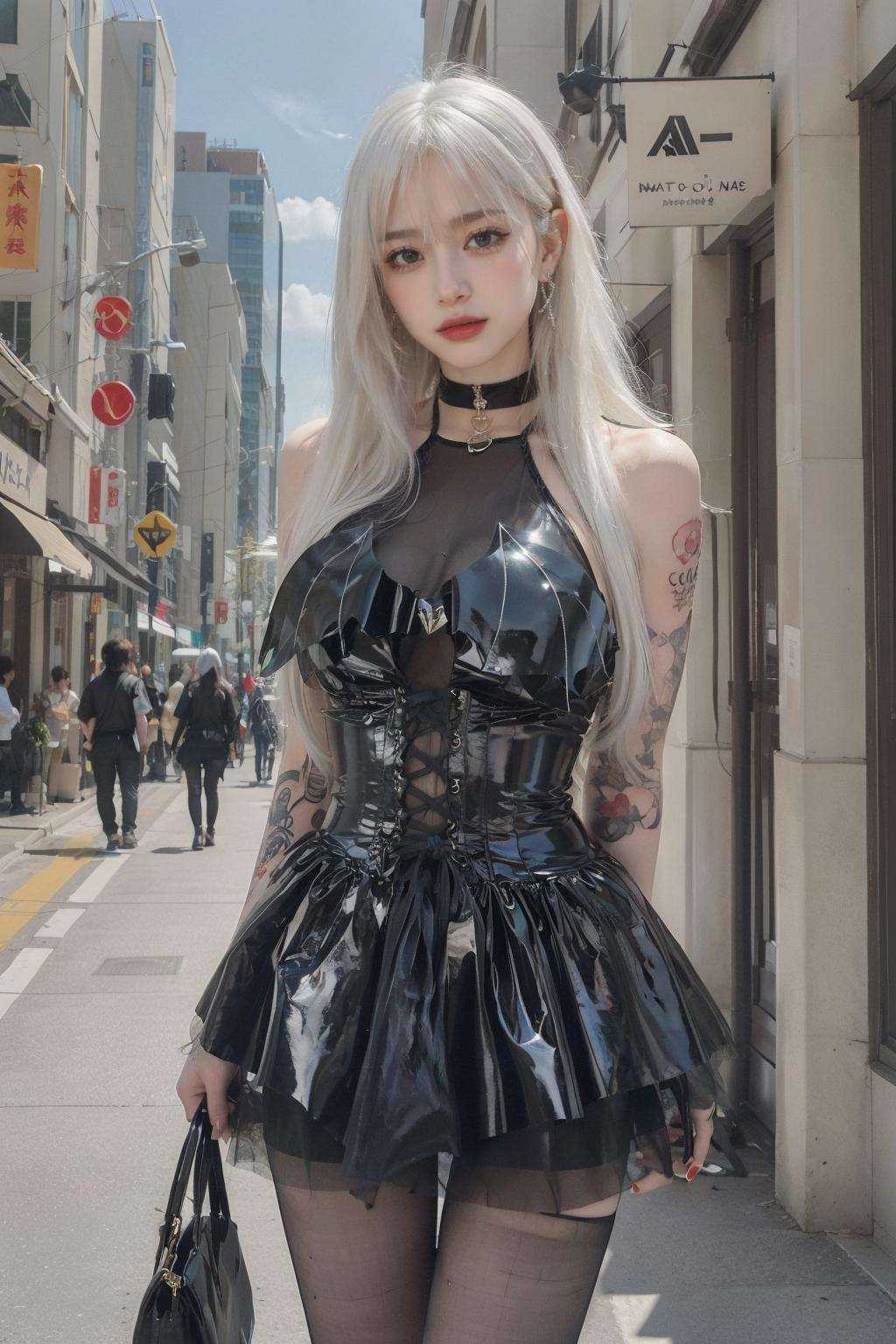 masterpiece,best quality,(photorealistic:1.4),(ultra detailed:1.3),masterpiece,(white hair:1.2),(long hair:1.3),large breasts,(tattoo:1.3),pantyhose,black dress,(city:1.2),unity 8k wallpaper,(outdoors:1.3),patent leather dress,1girl,<lora:patent leather dress_20230726011158-000008:0.7>,