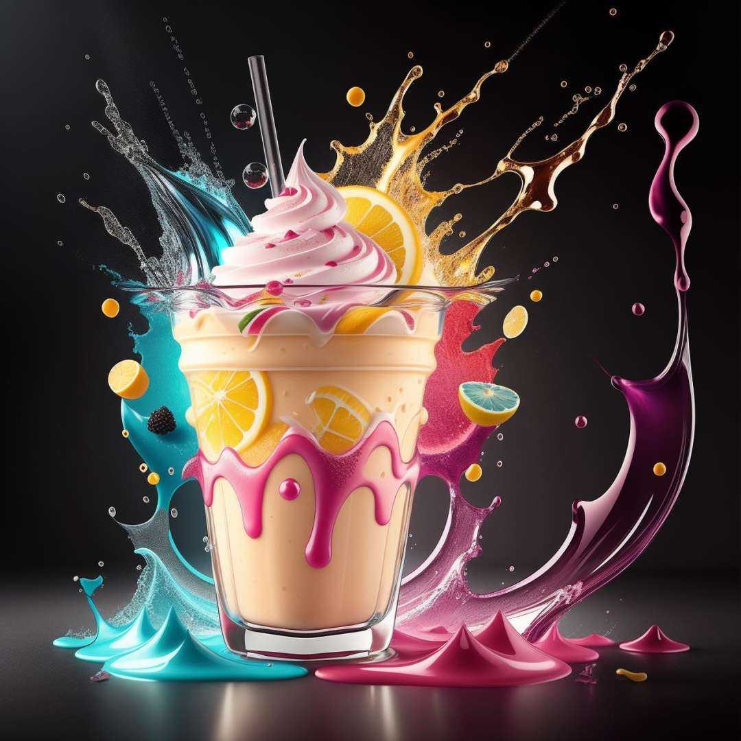 close up lay flat of splashing mixed fruits milkshake π hyper realistic,  dramatic lighting,  stylize on Tensor.Art