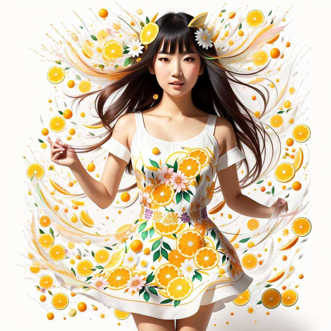 Beautiful Asian woman wearing a floral white dress,  citrus fruits flying around,  rainbow slice orange highlights on Tens...
