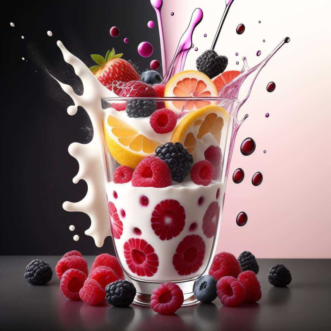 mix fruit and berries,  fruits splash milk png on Tensor.Art