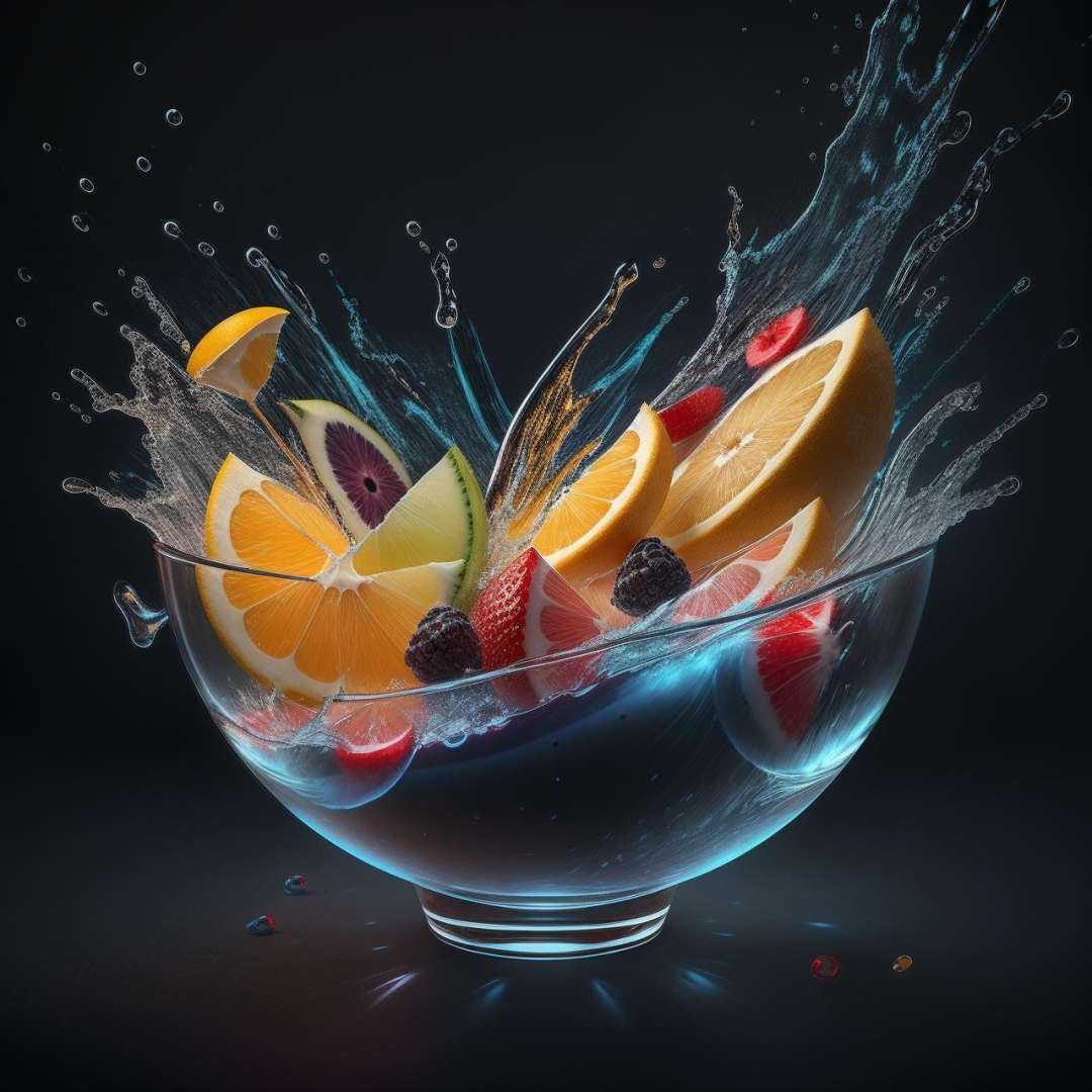 Fresh Fruit Splashing in a Bowl in a dark blue lighting background,  Fruit Juice Splash,  super fine detail on Tensor.Art