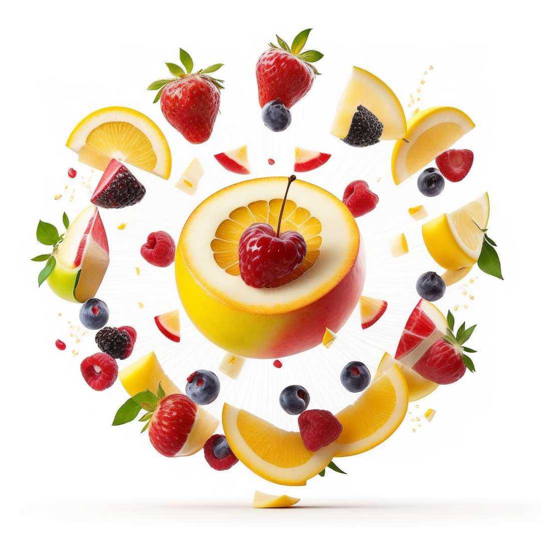 mix fruit flying through the air,  Editorial Photography,  Photography on Tensor.Art