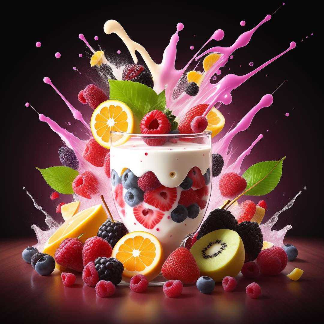 mix fruit and berries,  fruits splash milk png on Tensor.Art