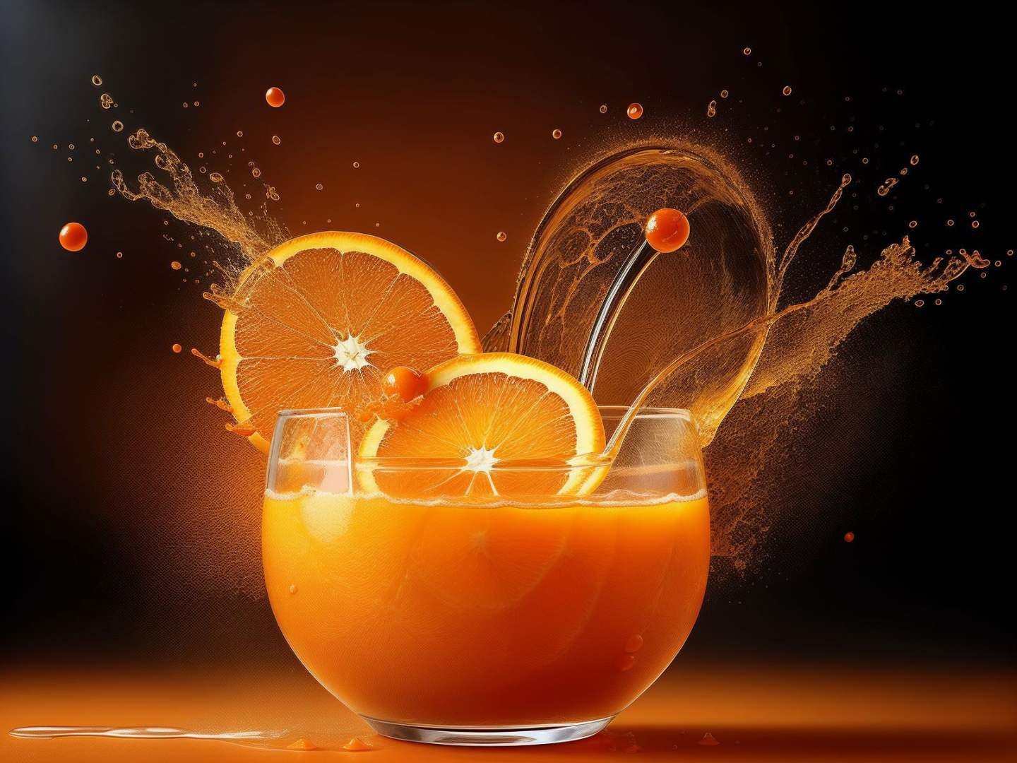 orange soft splashes wrap around a straight glass of orange soda,  orange slices fly,  black background on Tensor.Art