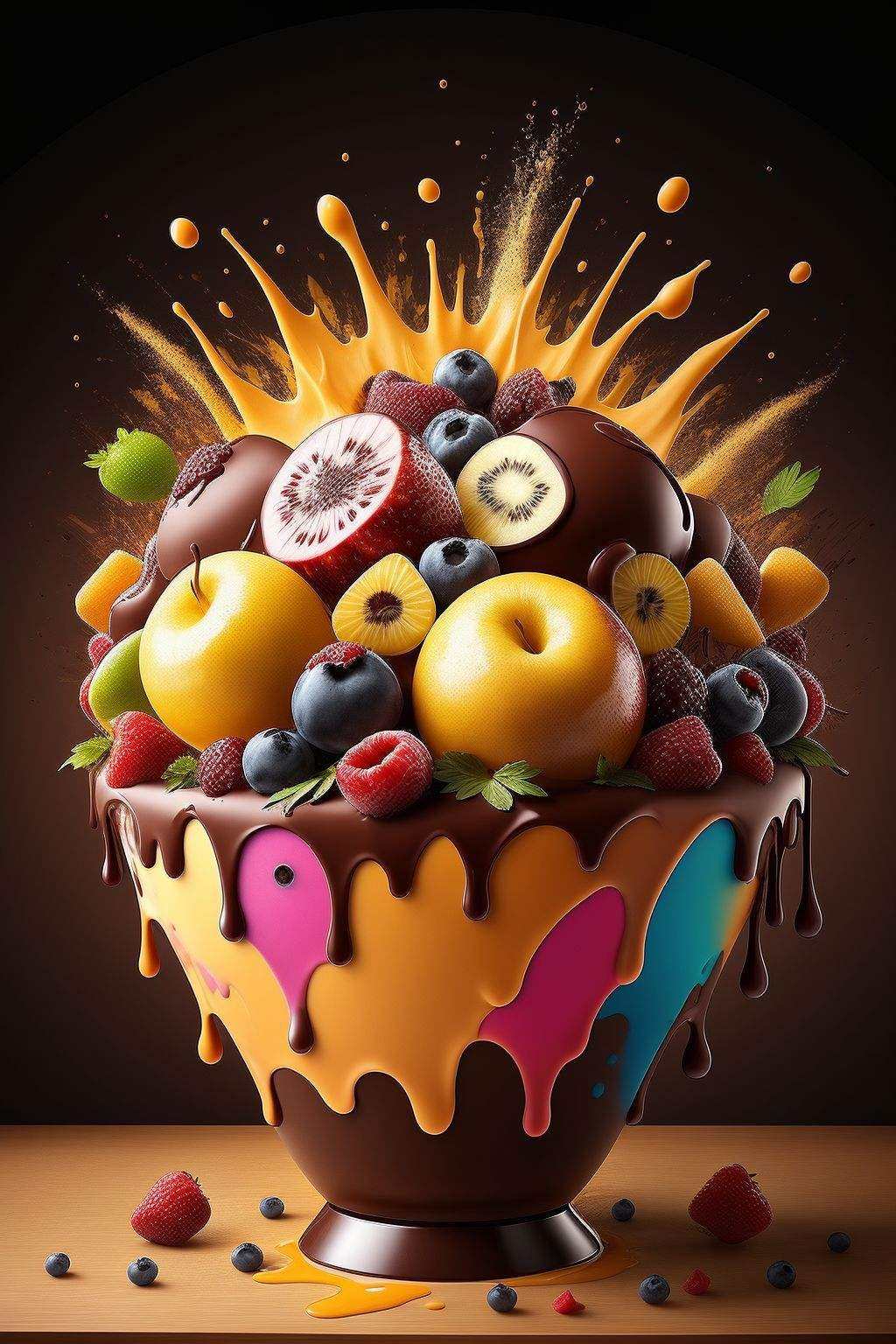 explosion of fruits and dark chocolate ice-cream,  high detail,  very realistic on Tensor.Art