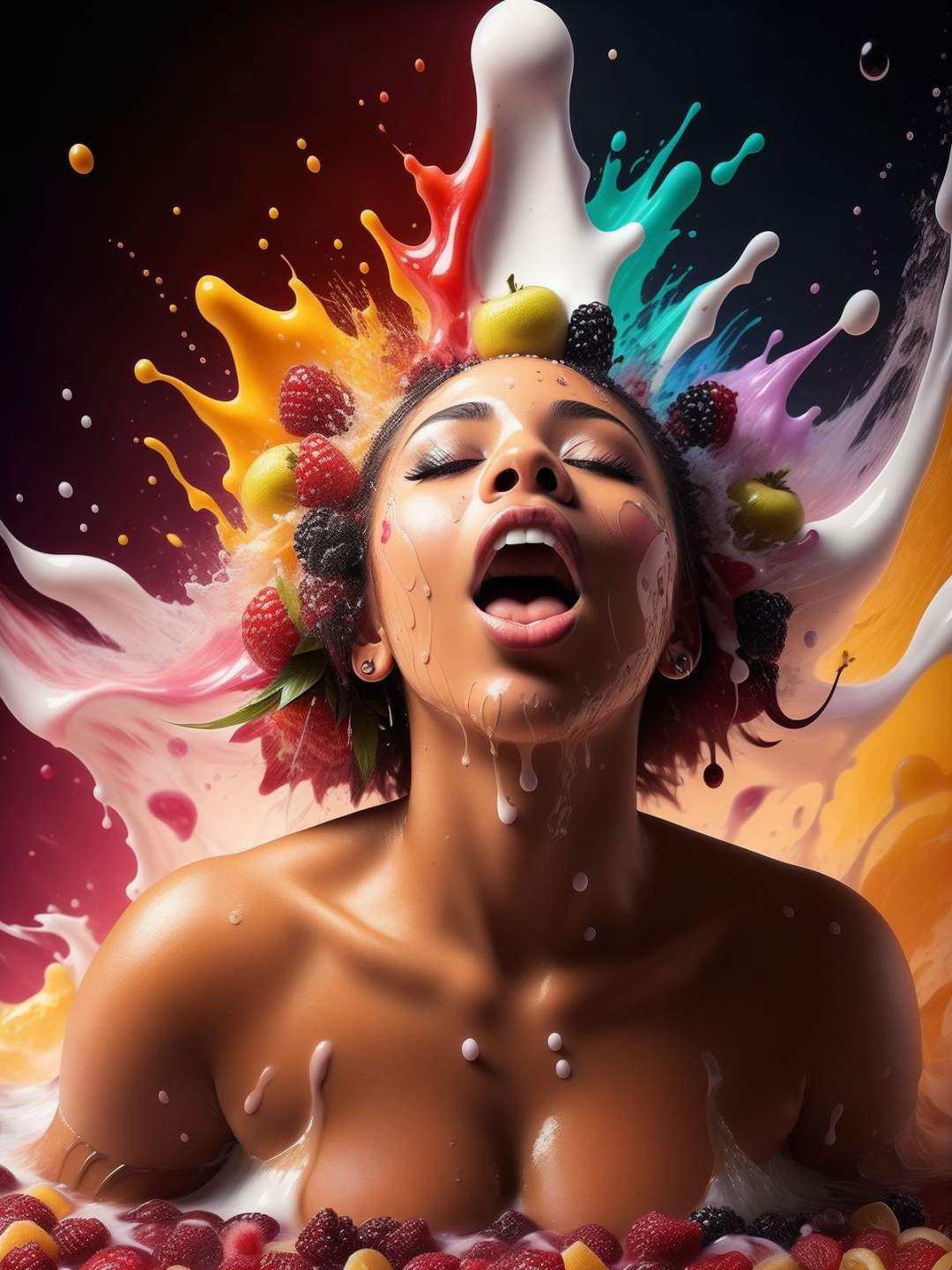 woman middle shot,  splash of milk,  thick fruits splash milk everywhere on Tensor.Art