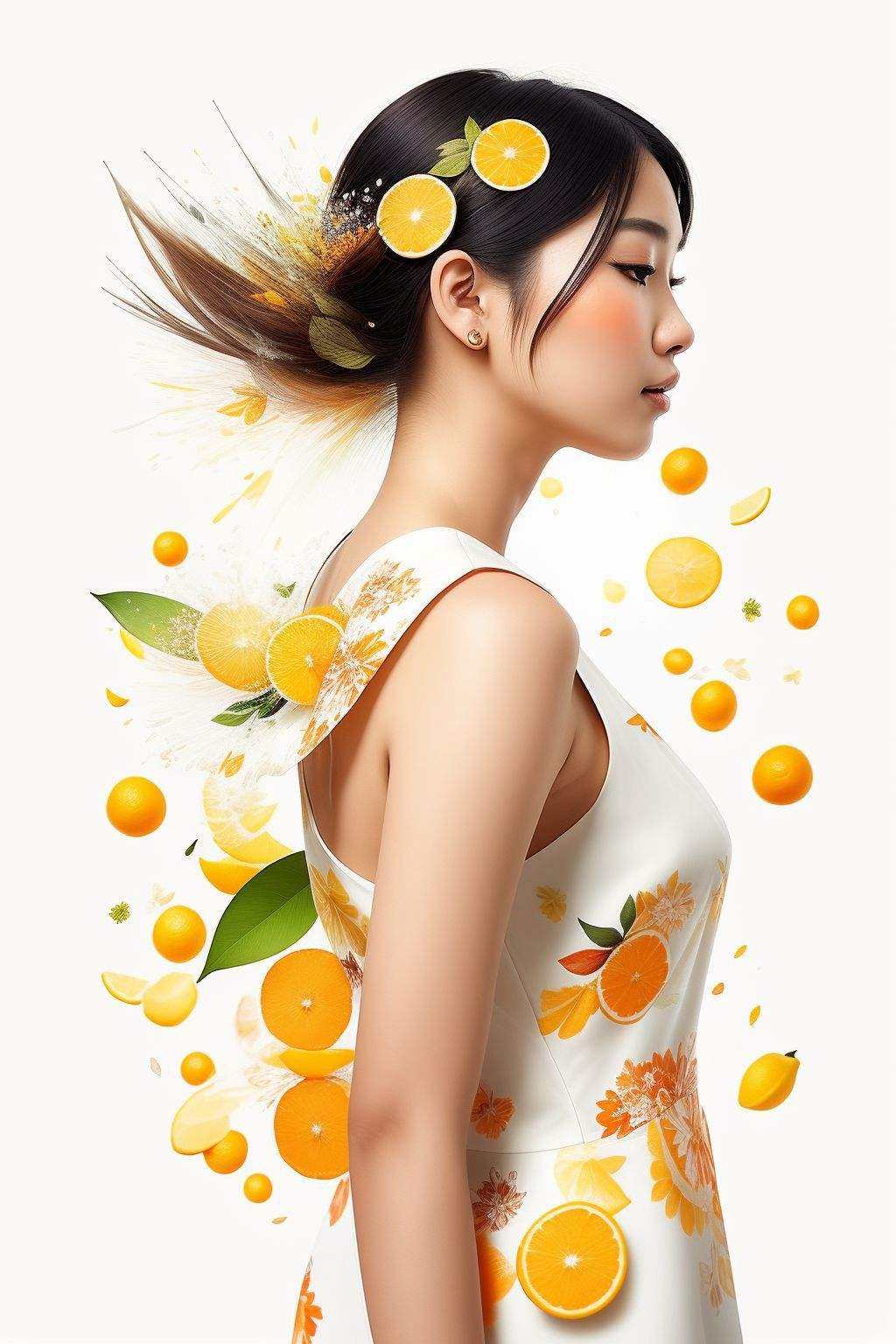 Beautiful Asian woman wearing a floral white dress,  citrus fruits flying around,  rainbow orange highlights on Tensor.Art