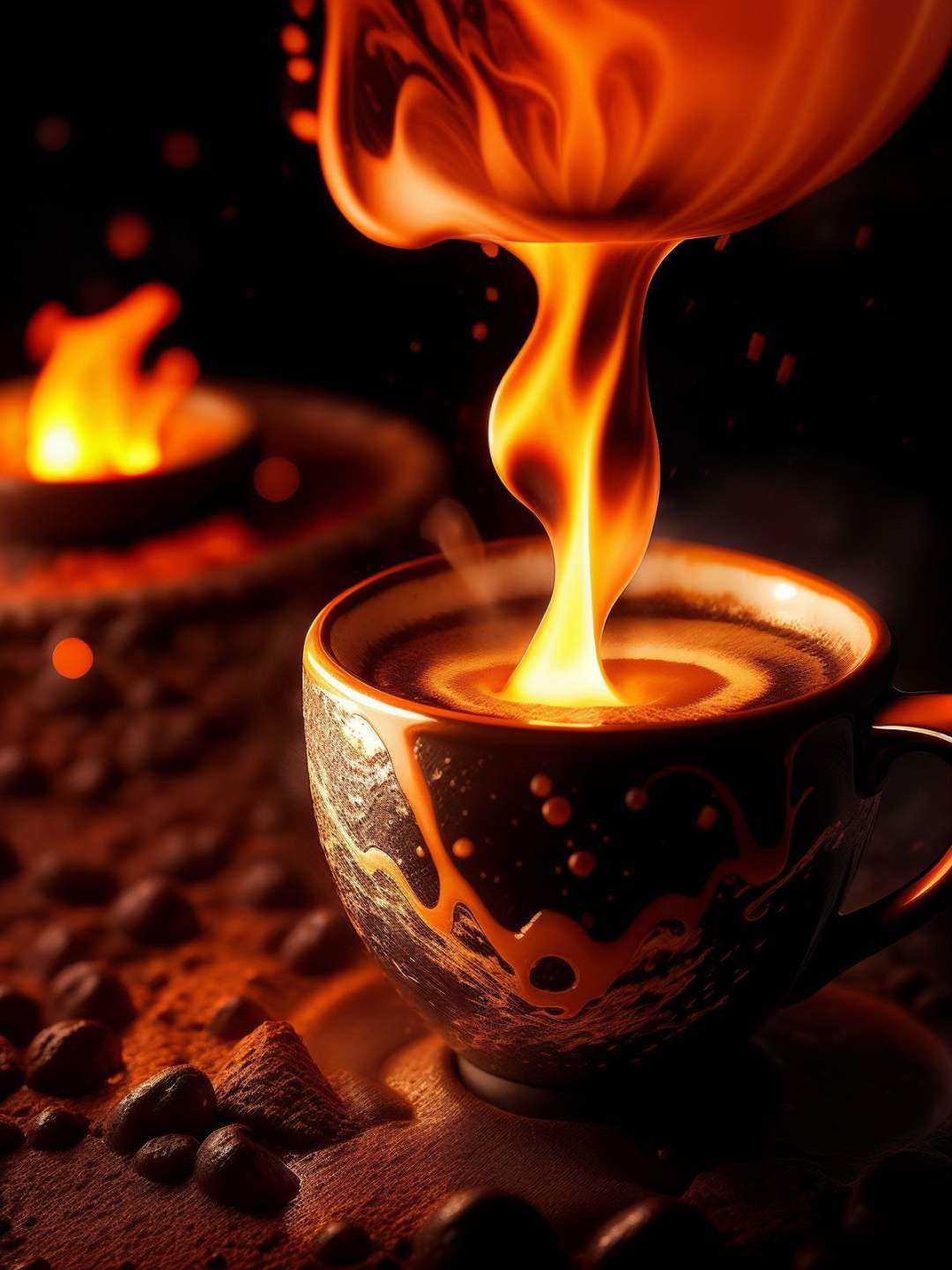 Volcano Coffee cup,  latte art of maximal coffee,  violently erupting out of kintsugi black lava rock coffee cups on Tenso...