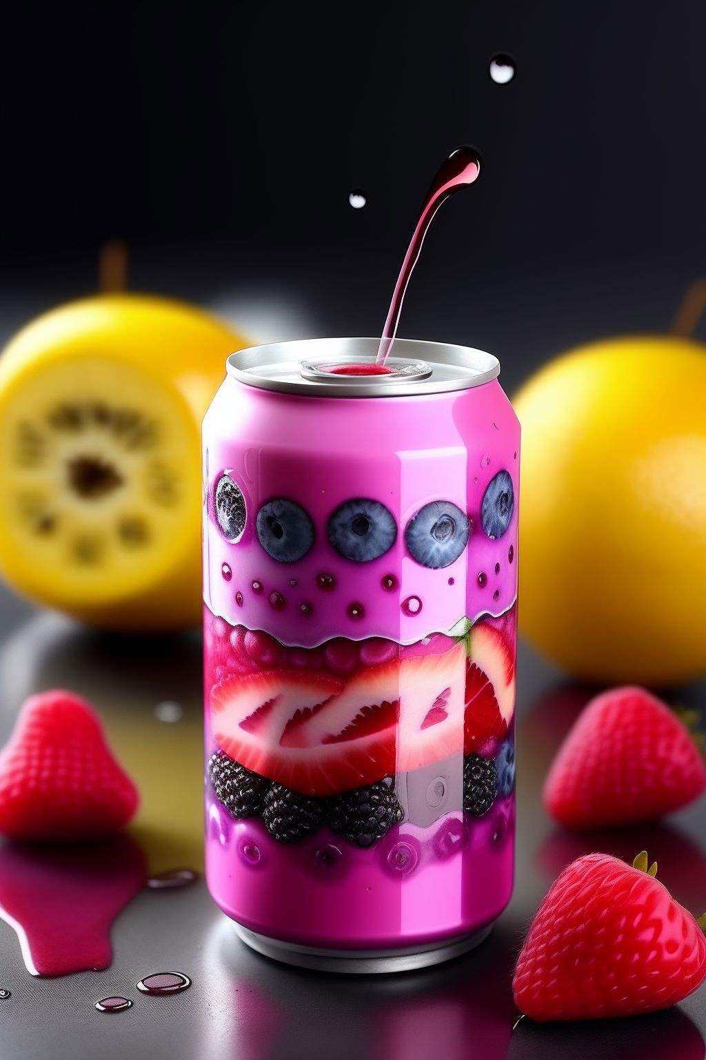 energy drink,  with sliced mix fruit and berries and raindrops on Tensor.Art