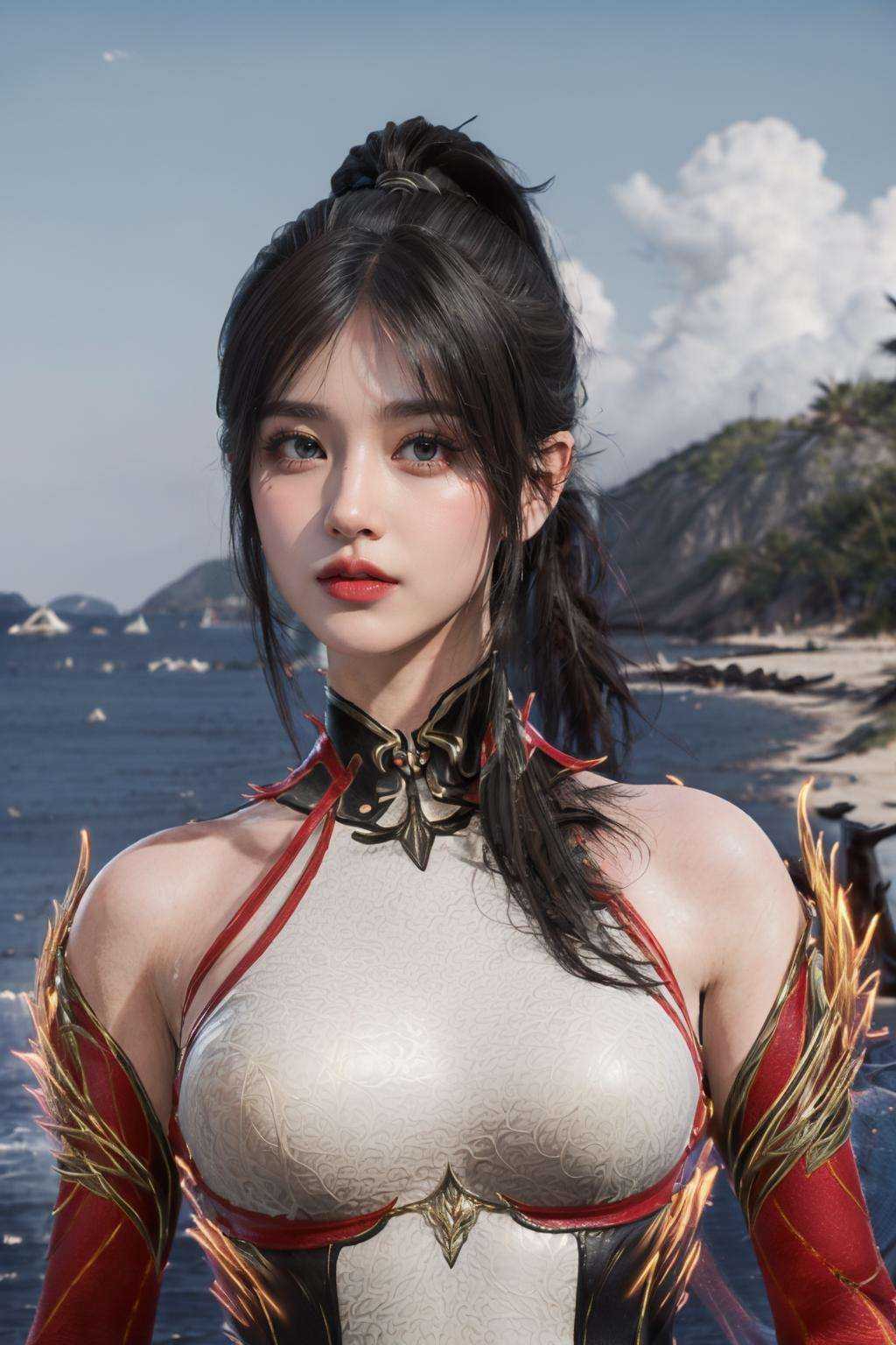 (masterpiece:1.5),(best quality:1.4),(photorealistic:1.4),(A panoramic cinematic view of a secluded white sandy beach stretching along the horizon, with crystal-clear emerald waters meeting the shore and palm trees swaying in the coastal breeze.:1.3),(looking at viewer:1.3),(ultra detailed:1.3),(full body:1.2),(light:1.3),lips,breasts,One sided skirt,grey eyes,black gloves,filmg,unity 8k wallpaper,1girl,solo,(hair ornament:1.1),<lora:调细节添加-2~2 add_detail:0.7>,<lora:FilmG3:0.5>,<lora:ChineseDollLikenessV3.0:0.2>,<lora:GirlfriendMix_v1_v20:0.3>,hair ornament,zhuquexingyi,<lora:s_20230719020719-000008:0.8>,