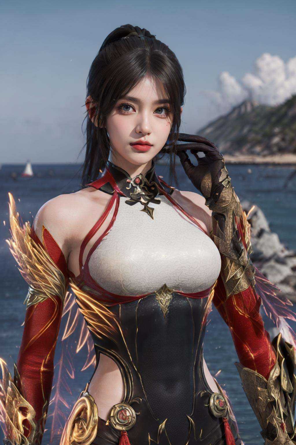 (masterpiece:1.5),(best quality:1.4),(photorealistic:1.4),(A panoramic cinematic background with a long expanse of white sandy beach, the emerald sea shimmering under the clear skies, and palm trees creating a picturesque silhouette.:1.3),(full body:1.4),(looking at viewer:1.3),(ultra detailed:1.3),(light:1.3),lips,breasts,One sided skirt,grey eyes,black gloves,filmg,unity 8k wallpaper,1girl,solo,(hair ornament:1.1),<lora:调细节添加-2~2 add_detail:0.7>,<lora:FilmG3:0.5>,<lora:ChineseDollLikenessV3.0:0.2>,<lora:GirlfriendMix_v1_v20:0.3>,hair ornament,zhuquexingyi,<lora:s_20230719020719-000008:0.8>,