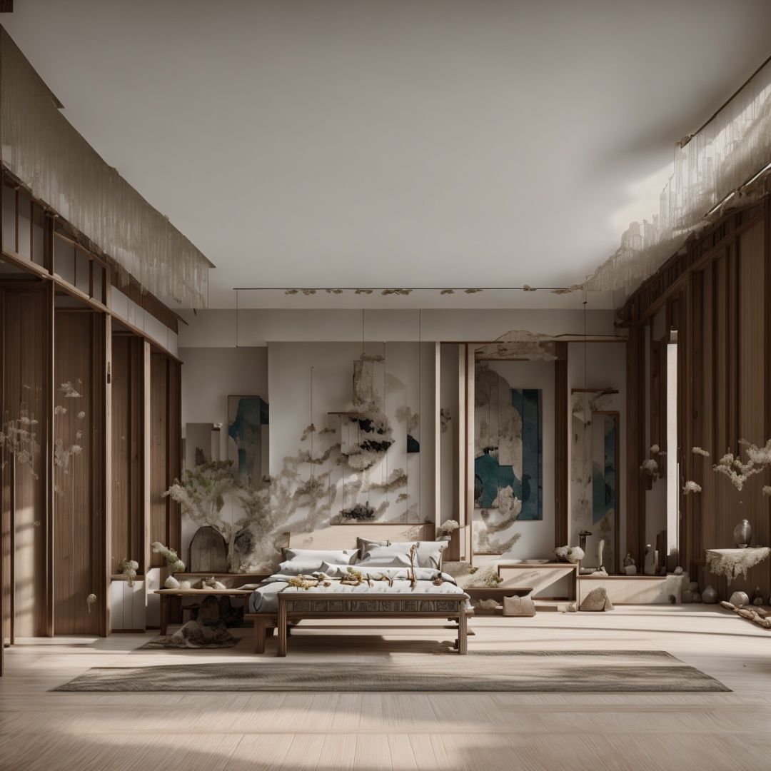 interior decoration, Chinese style, bed room decoration, solemn(intricate details:1.2),(high definition:1.5),