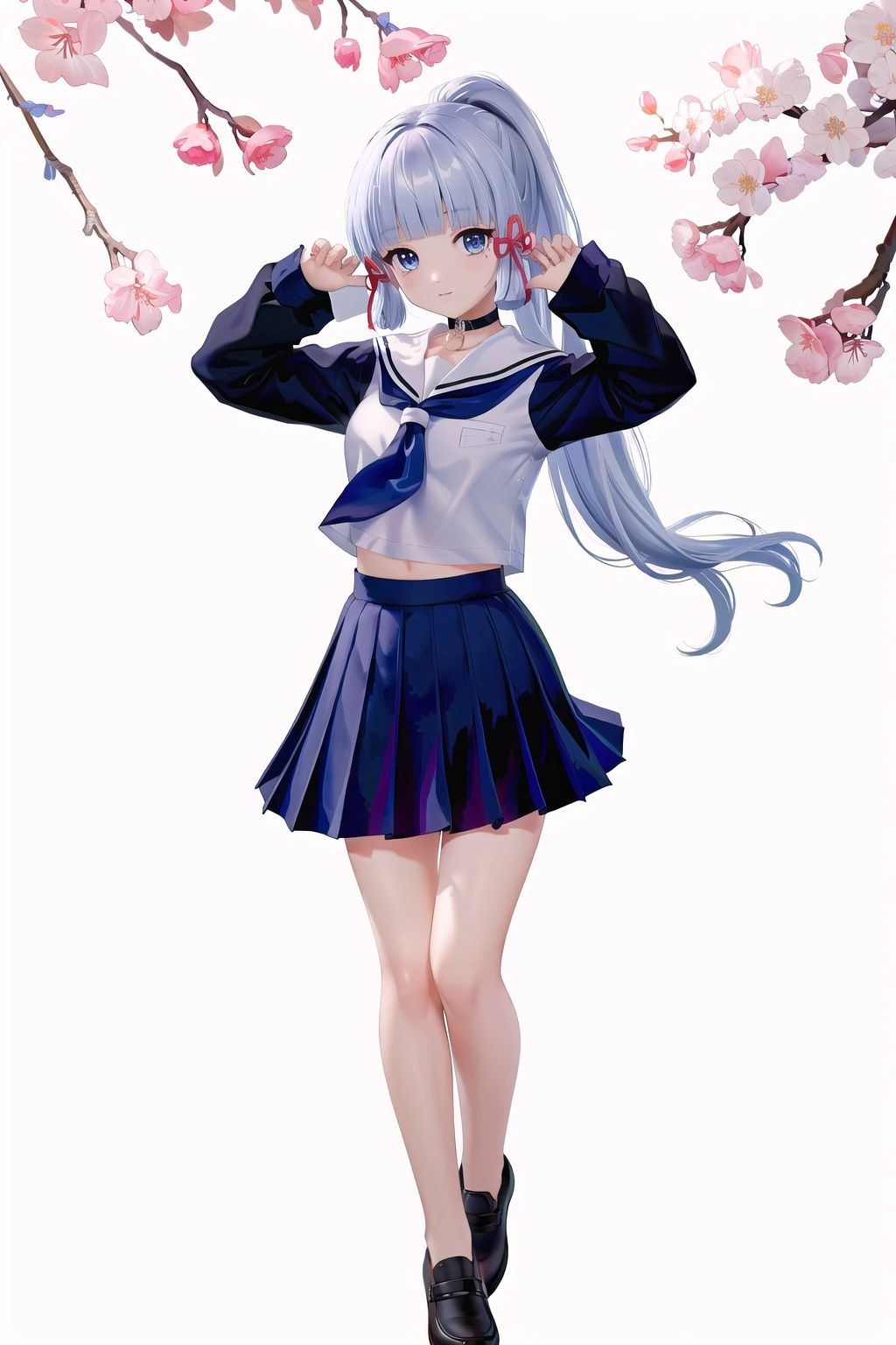 (8k, RAW photo, best quality, masterpiece:1.2),1girl,(full body:1.3), standing,shenli, jk, school uniform, skirt, serafuku, ponytail, long sleeves, choker, blunt bangs, long hair, hair ribbon, blue eyes,  neckerchief, ribbon, bare legs, pleated skirt, cherry blossoms,<lora:shenli-v100:0.75>(white background, simple background:1.3),(beautiful_face), ((intricate_detail)), (revealing clothes:1.2),((finely_detailed)),fine_fabric_emphasis,((glossy)),