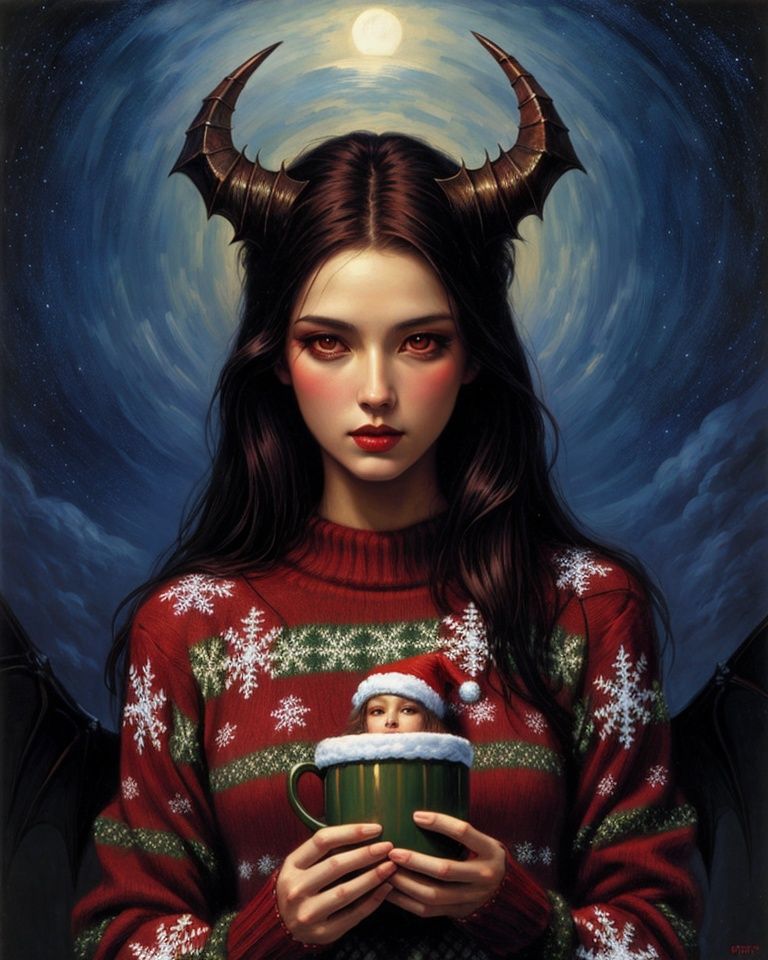 demon woman wearing a christmas sweater,  upper body,  art by gerald brom on Tensor.Art