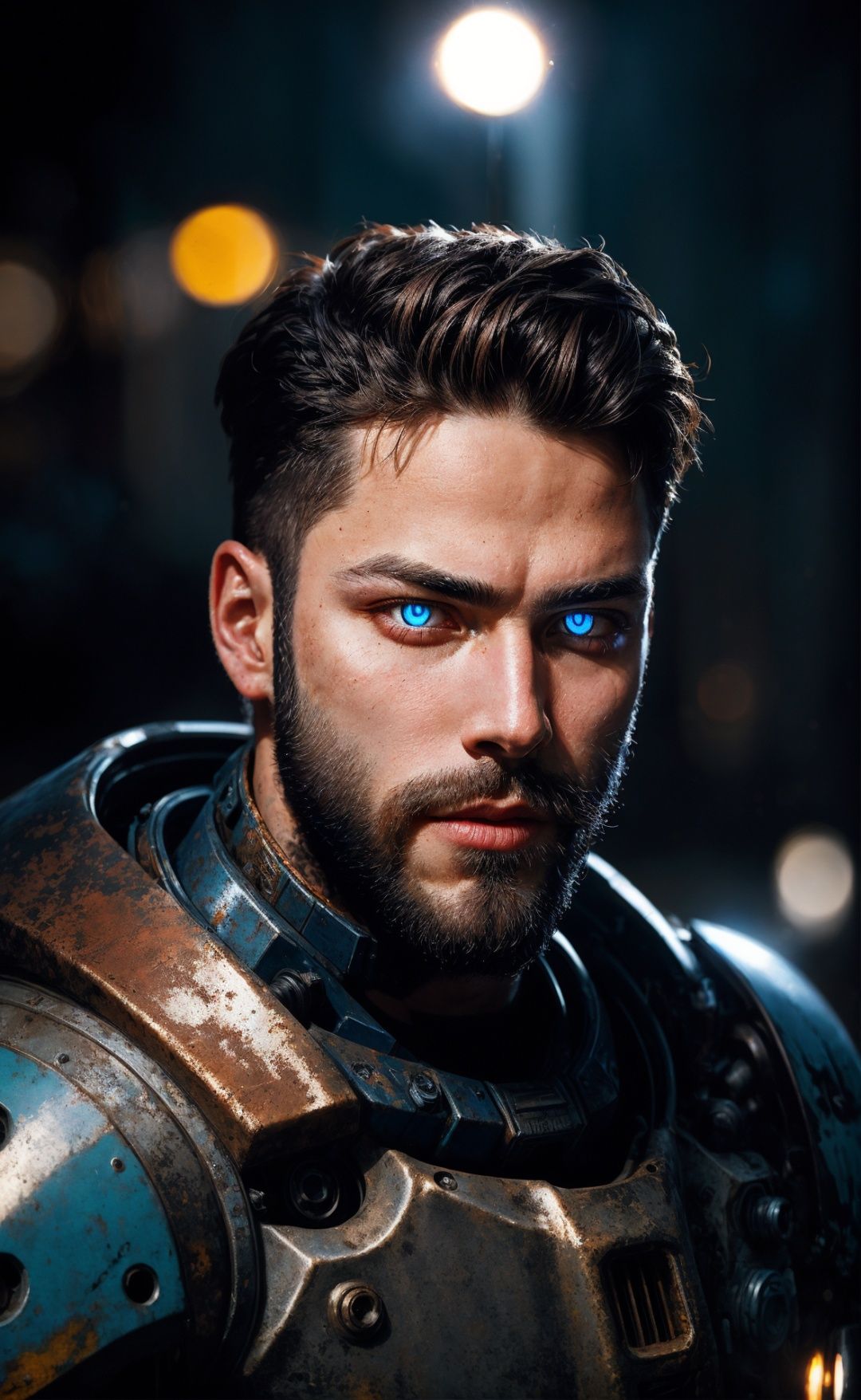 Portrait photo of muscular bearded guy in a worn mech suit,  ((light bokeh)),  intricate on Tensor.Art