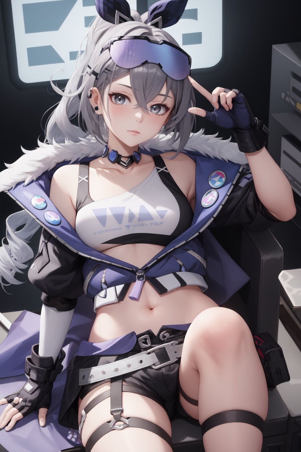 masterpiece, best quality, SilverwolfV5, 1girl, solo, looking at viewer, shirt, gloves, holding, sitting, jacket, shorts, choker, black gloves, fingerless gloves, black jacket, short shorts, thigh strap, phone, black shorts, goggles, eyewear on head, goggles on head, <lora:Sv5-10:1>