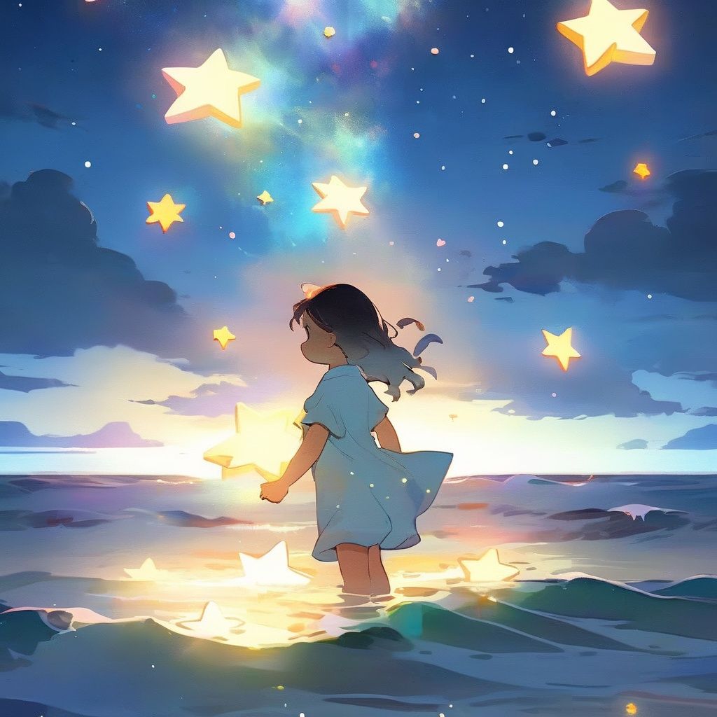 star,starlight,(sea:1.1),ocean,(wave:1.1),(sky:0.8),(cloud:0.8),1girl,(stars floating on the sea surface:1.2),best quality,masterpiece,illustration,an extremely delicate and beautiful,extremely detailed,CG,unity,8k wallpaper,Amazing,finely detail,masterpiece,best quality,official art,extremely detailed CG unity 8k wallpaper,colorful stars,<lora:star:1>,