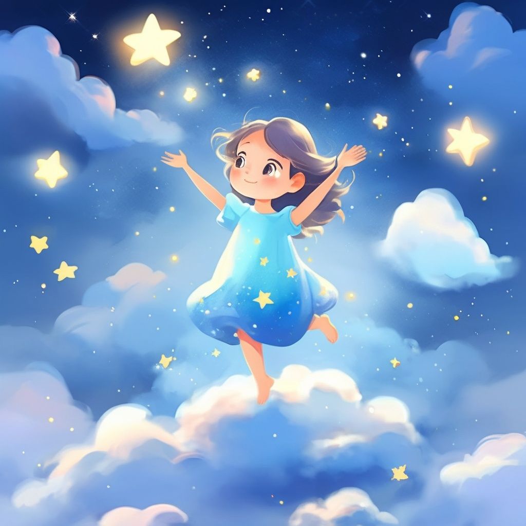 above the clouds,cloud,starble,glowing stars,nights,clouds and mist swirled around,the little girl spread out her arms and flew in the air,caricature,cartoon,star,starlight,<lora:star:1>,