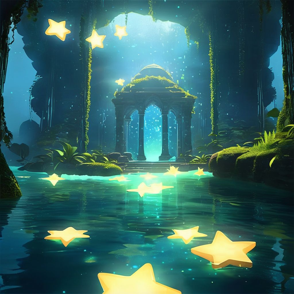 ancient magical ruins,star,starlight,there are many shining stars in the water,deep forest,overgrown with vines,crumbling architecture,ornate carvings,mystical energy,shining pedestals,floating platforms,particle effects,Volumetric light rays,tranquil pond,fireflies,tall lush trees,stepping stones,foggy atmosphere,painterly rendering,extremely detailed elements,photorealistic style,dreamlike lighting,high resolution,depth of field,<lora:star:1.2>,