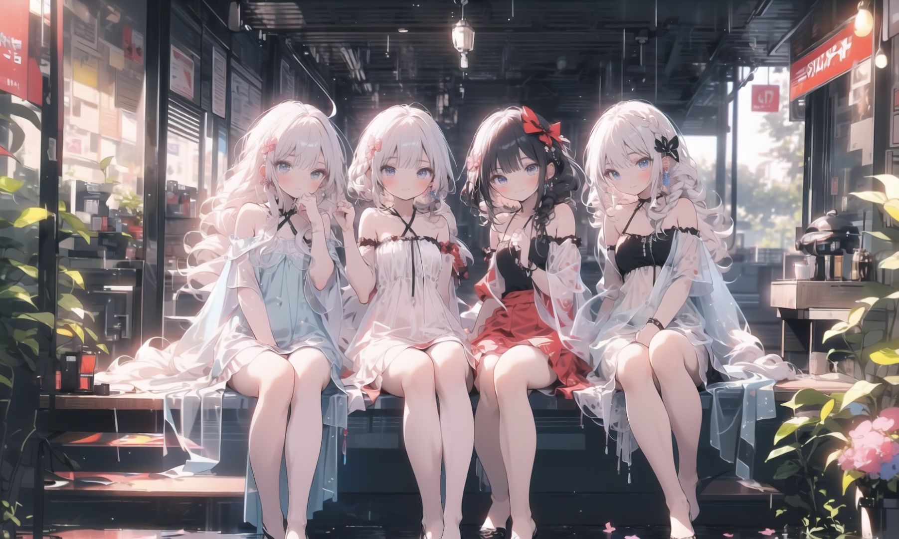,(best quality:1),masterpiece,1girl,(very long Shawl curly hair::1.5),flower,Slender legs,finely detail,masterpiece,(best quality:1),official art,extremely detailed CG unity 32k wallpaper,ultra-detailed,highres,Expose breasts,extremely detailed beautiful detailed girl,outdoors,sweet_lolita,blue eyes,Beautiful  blue eyes,Lovely face,(white hair:1),happy,laughing,loli,kahuka1,flowers,,white hair,earings,cinematic lighting,red clothes,midjourney,nijistyle,cozy anime, <lora:EMS-8096-EMS:0.5>, <lora:EMS-4414-EMS:0.9>
