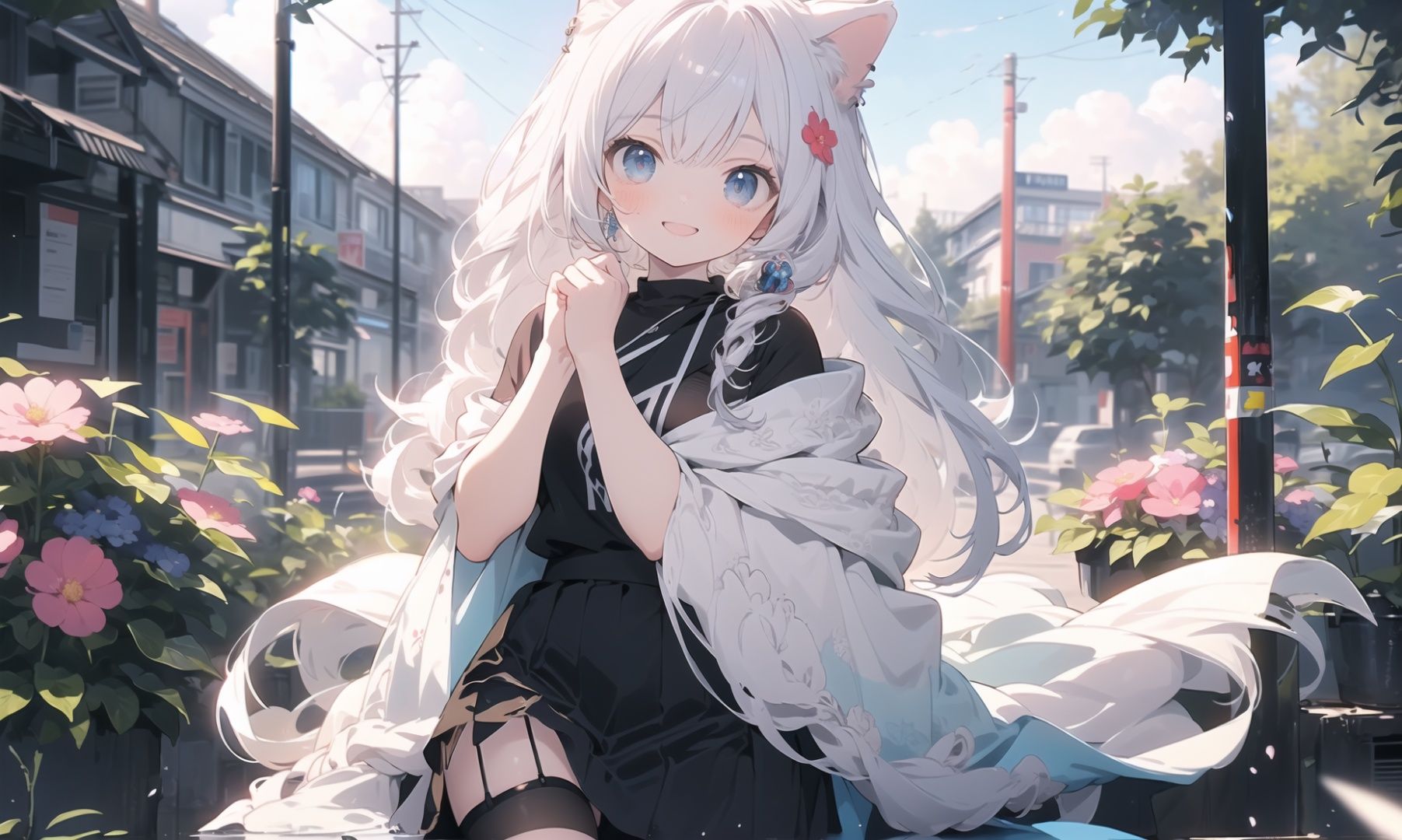 (swimsuit skirt:1),(best quality:1),masterpiece,1girl,(very long Shawl curly hair::1.5),flower,Slender legs,finely detail,masterpiece,(best quality:1),official art,extremely detailed CG unity 32k wallpaper,ultra-detailed,highres,Expose breasts,extremely detailed beautiful detailed girl,outdoors,sweet_lolita,blue eyes,Beautiful  blue eyes,Lovely face,(white hair:1),cat ears,happy,laughing,loli,kahuka1,flowers,,white hair,earings,cinematic lighting,red clothes,midjourney,nijistyle,cozy anime,Colorful portraits