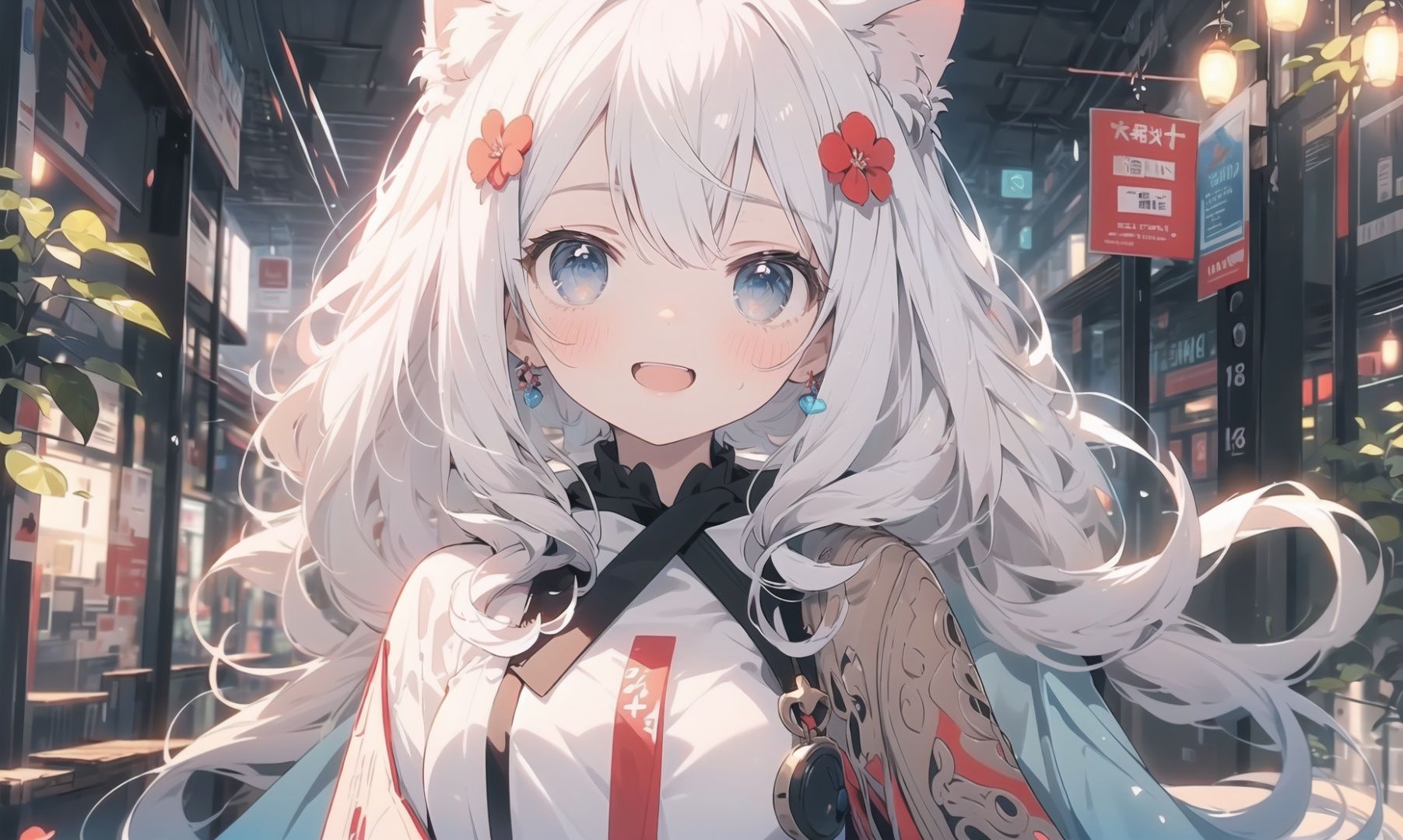 (swimsuit skirt:1),(best quality:1),masterpiece,1girl,(very long Shawl curly hair::1.5),flower,Slender legs,finely detail,masterpiece,(best quality:1),official art,extremely detailed CG unity 32k wallpaper,ultra-detailed,highres,Expose breasts,extremely detailed beautiful detailed girl,outdoors,sweet_lolita,blue eyes,Beautiful  blue eyes,Lovely face,(white hair:1),cat ears,happy,laughing,loli,kahuka1,flowers,,white hair,earings,cinematic lighting,red clothes,midjourney,nijistyle,cozy anime,Colorful portraits